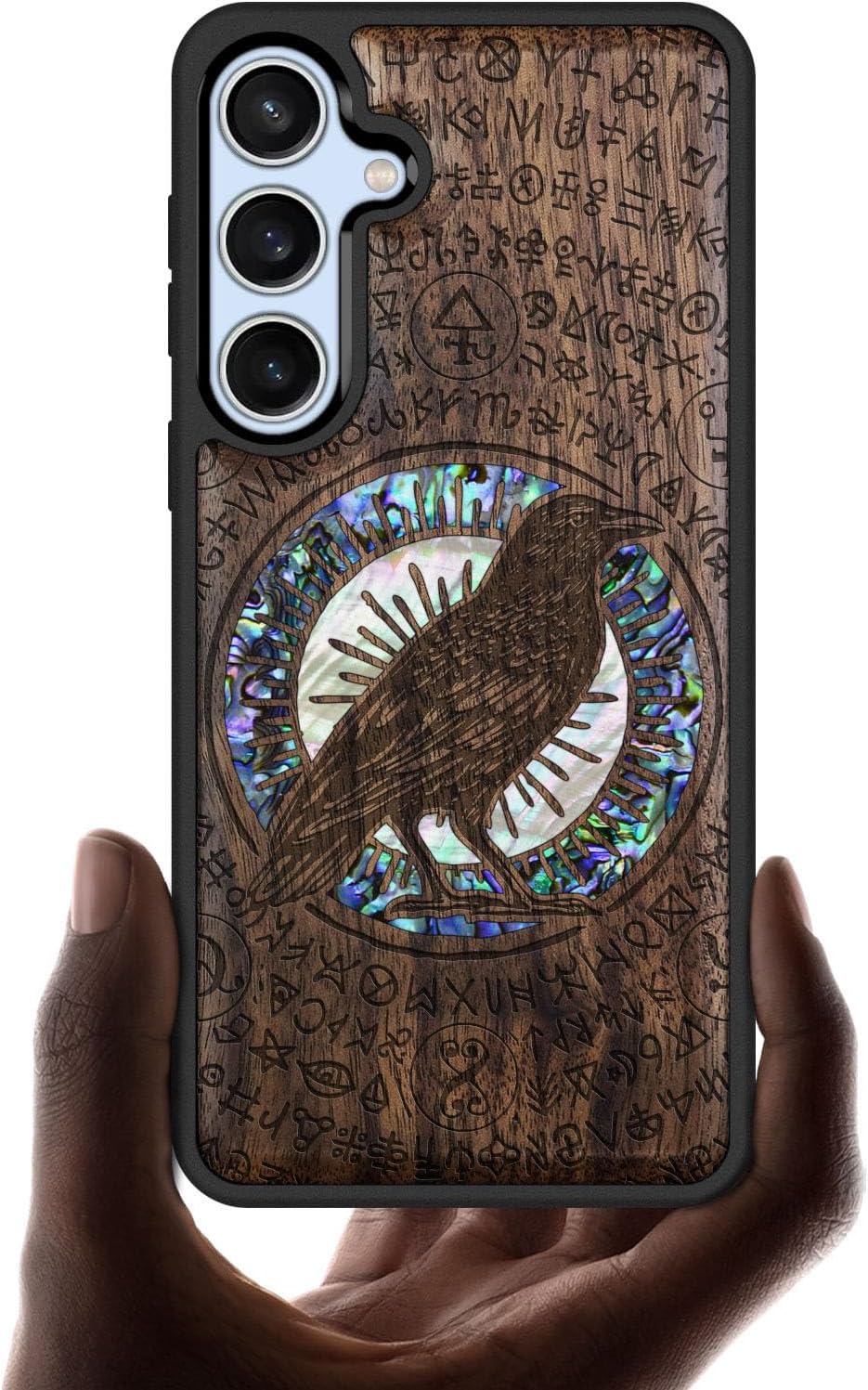 Carveit Designer Wooden Case for Samsung Galaxy S24 FE Case [Wood Engraving & Shell Inlay] Compatible with Wireless Chargers S24 FE Cover (Haloed Crow-Walnut)