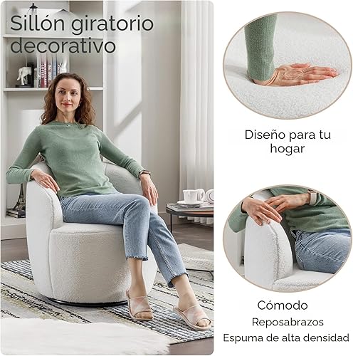 Miniatura 3 de FOXHUNTER Silla giratoria de barril para sofá individual pequeño de 360, cómodo sofá redondo, sillas Boucle, sillón acolchado, sillas redondas