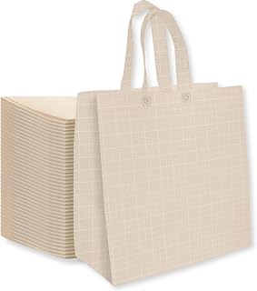 Bagways 50 PACK Reusable Grocery Bags with Handles, Durable, Foldable, Washable Eco-Friendly Shopping Totes, 14x6.5x14 Inch, Beige Pattern
