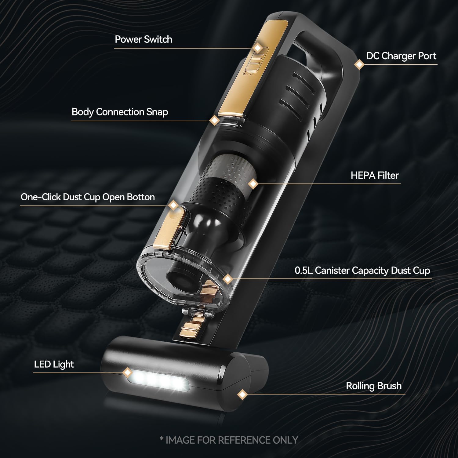 Auto Dynasty Car Vacuum Portable Mini Handheld Cordless Vacuum Cleaner Powerful High-Suction Motorized Brush with LED Light, Black/Gold