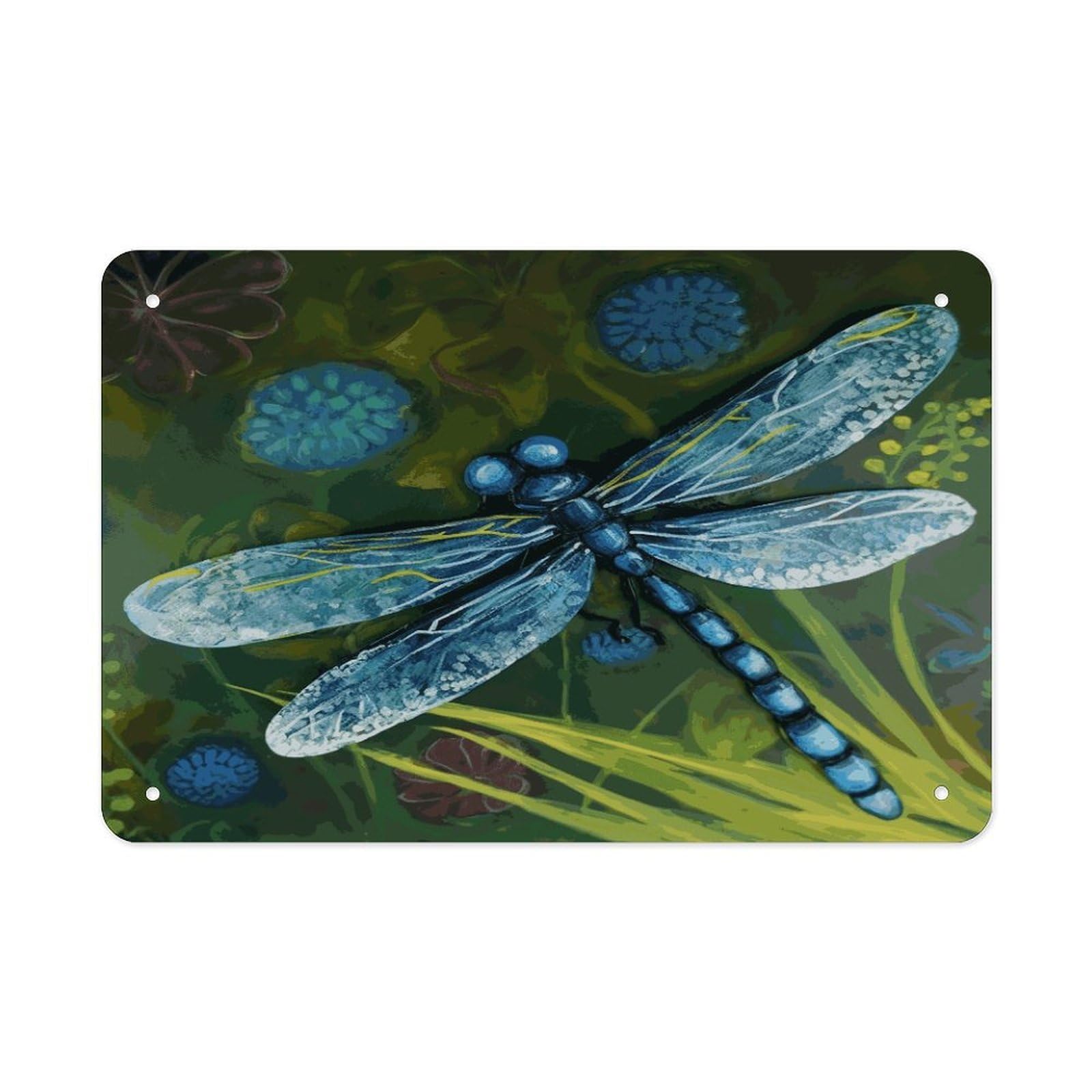 Fekiloot Style Hand Painted Blue Dragonfly Metal Signs Wall Art Tin Sign