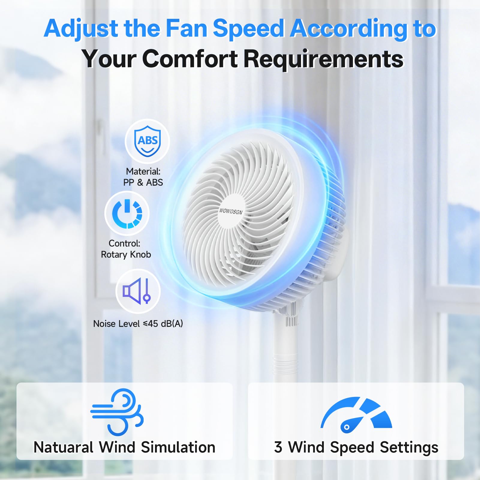 WOWDSGN Ventilateur 2-en-1 sur Pied & de Table, 3 Vitesses, Hauteur Réglable 36,8–106 cm, 38W Moteur Puissant à 5 Pales, Circulation d'Air pour Chambre