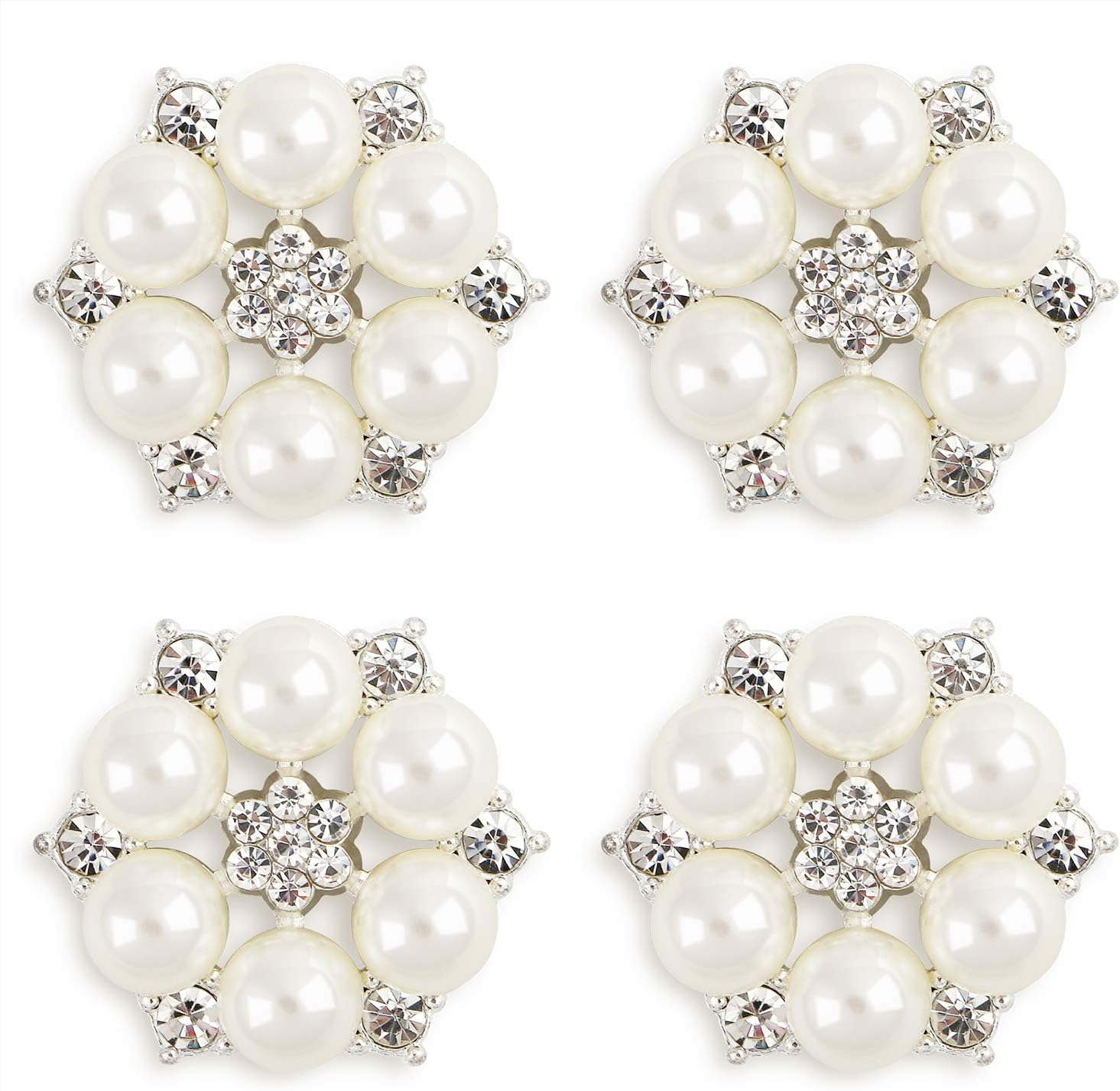 FEIYI 24 Pieces 26 mm Flatback Pearl Rhinestone DIY Embellishments for Wedding Decoration, Flower Center, Gift Card Decor (Silver)
