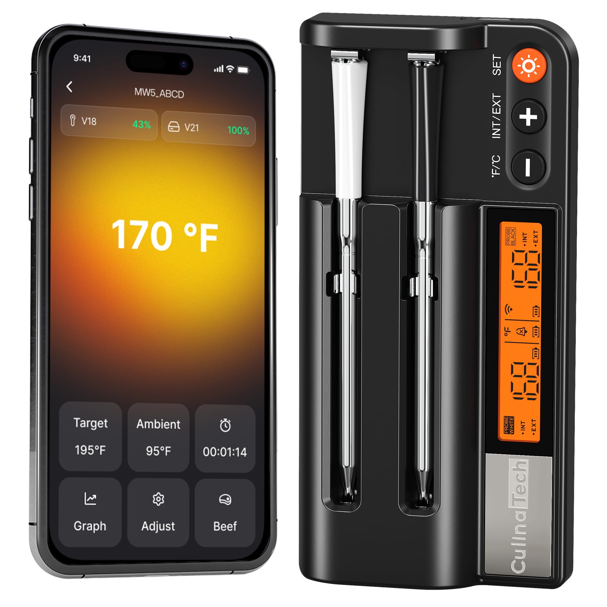 Fleischthermometer Kabellos mit Bluetooth, 2 Sonden, App-Überwachung mit Alarm, Wasserdicht, Hohe Reichweite, Multi-Sensor, Grillthermometer Smarte Fleischthermometer Kabellose für BBQ, Grill, Küche