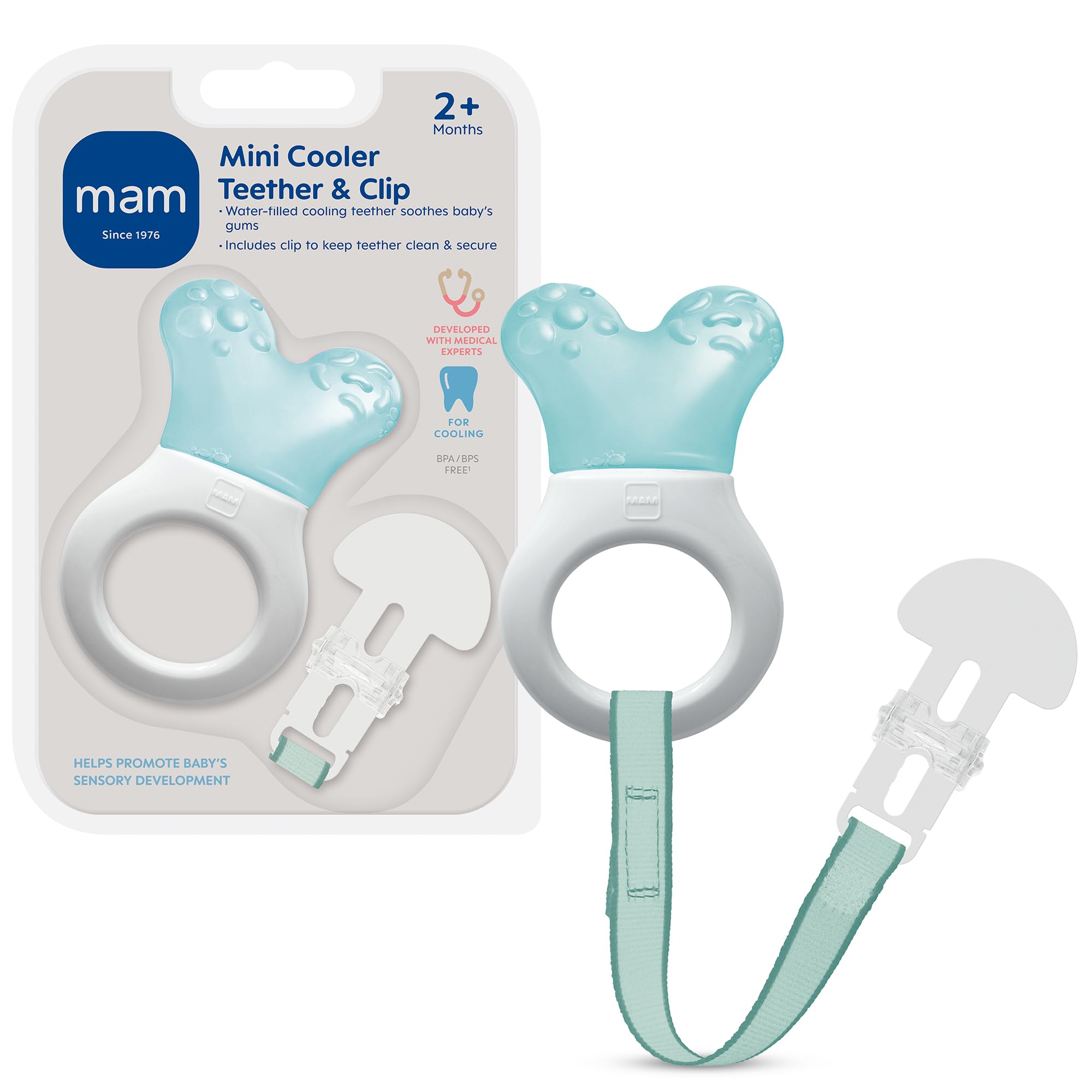 MAM Mini Cooler Baby Teether with Clip – Cooling Teething Ring for Teething Relief, Lightweight Easy-Grip Handle, Reaches Back Teeth, Refrigerator