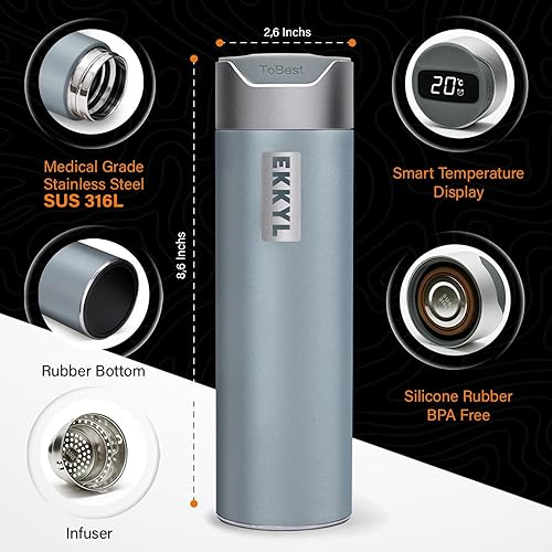 Miniatura 5 de Smart Watter Botella de acero inoxidable de grado médico Sus 316L, doble pared y aislada al vacío, a prueba de fugas y sin BPA, ideal para bebidas