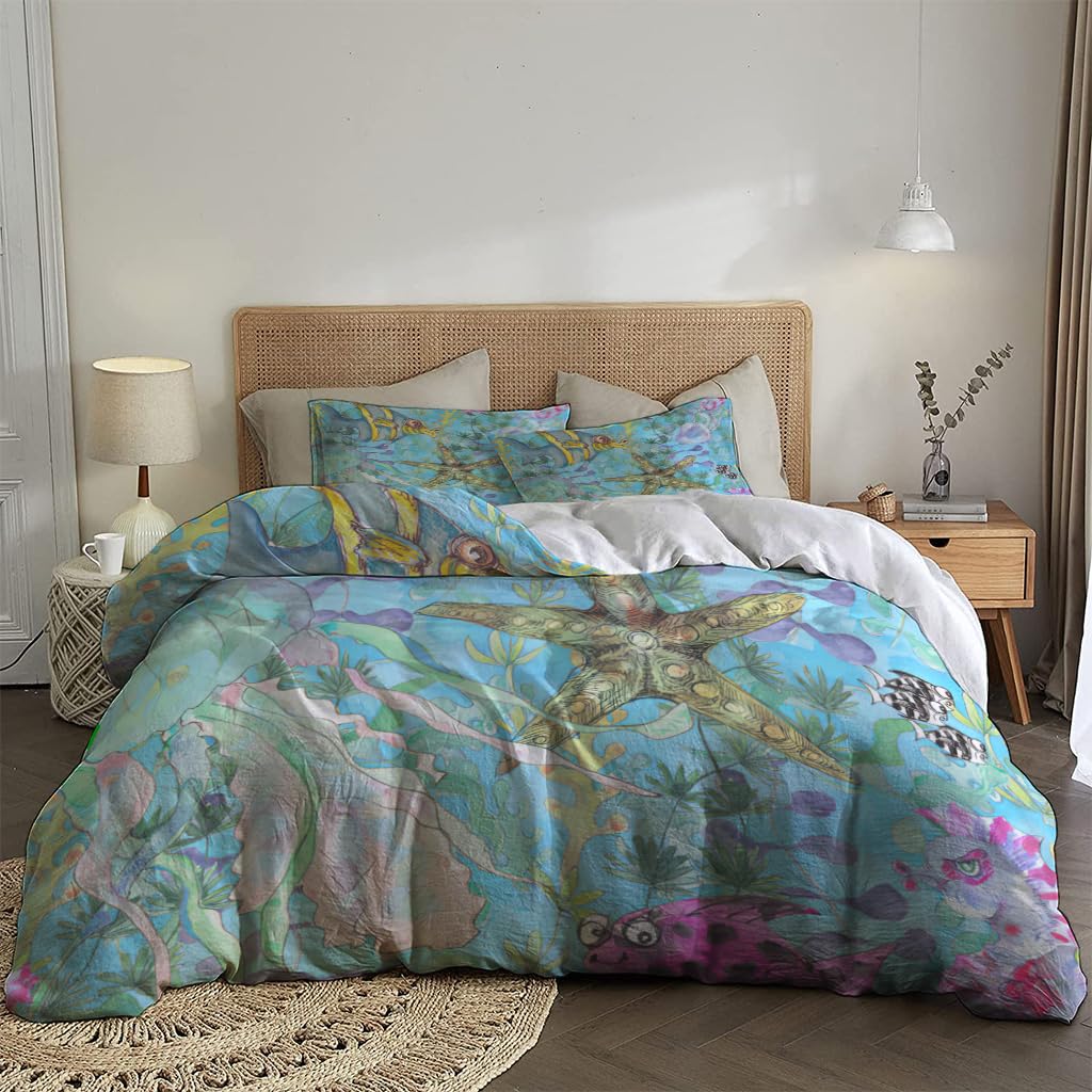 NIBAINLO 布団カバー海底の海洋水彩画 海洋動物 肌に優しい ピーチスキン加工 掛け布団カバー 和式 洋式 あったか 布団カバーセット リバーシブル ホームステイ ホテル 家庭兼用