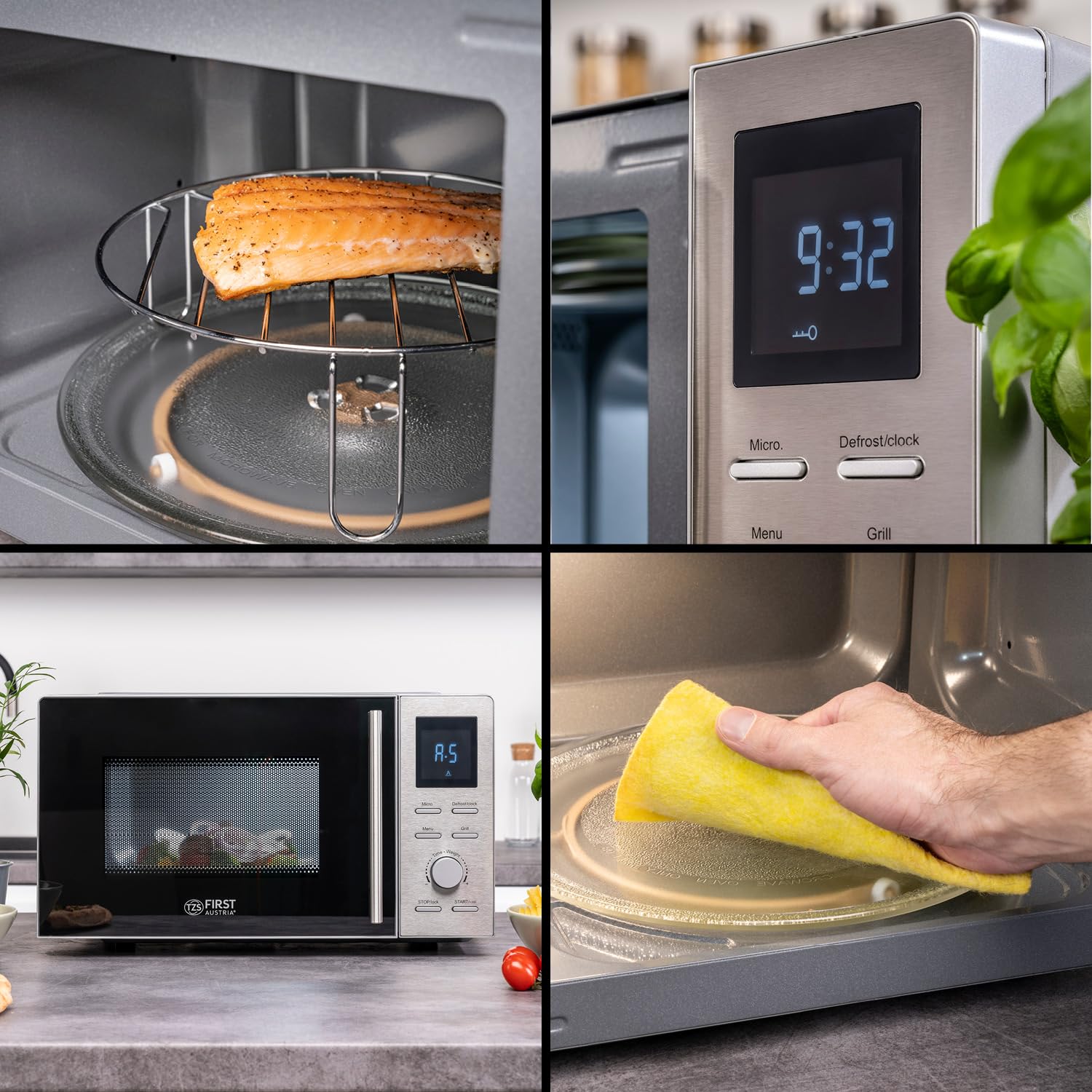 TZS First Austria microondas con función grill | 20L de capacidad (bruta) | función de inicio rápido | pantalla LCD | 8 programas automáticos | acero inoxidable