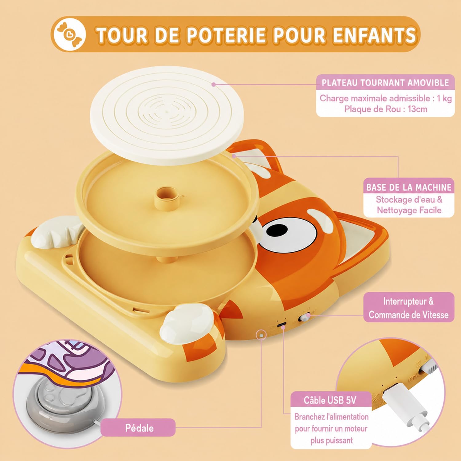Kit Poterie Enfant - Jouet Tour de Potier Électrique - Atelier de Poterie Complet pour Débutants 6+ Ans avec 3 x Argile Auto Séchante – Activité Manuelle Enfant Cadeau pour Garçons/Filles (Chiot)