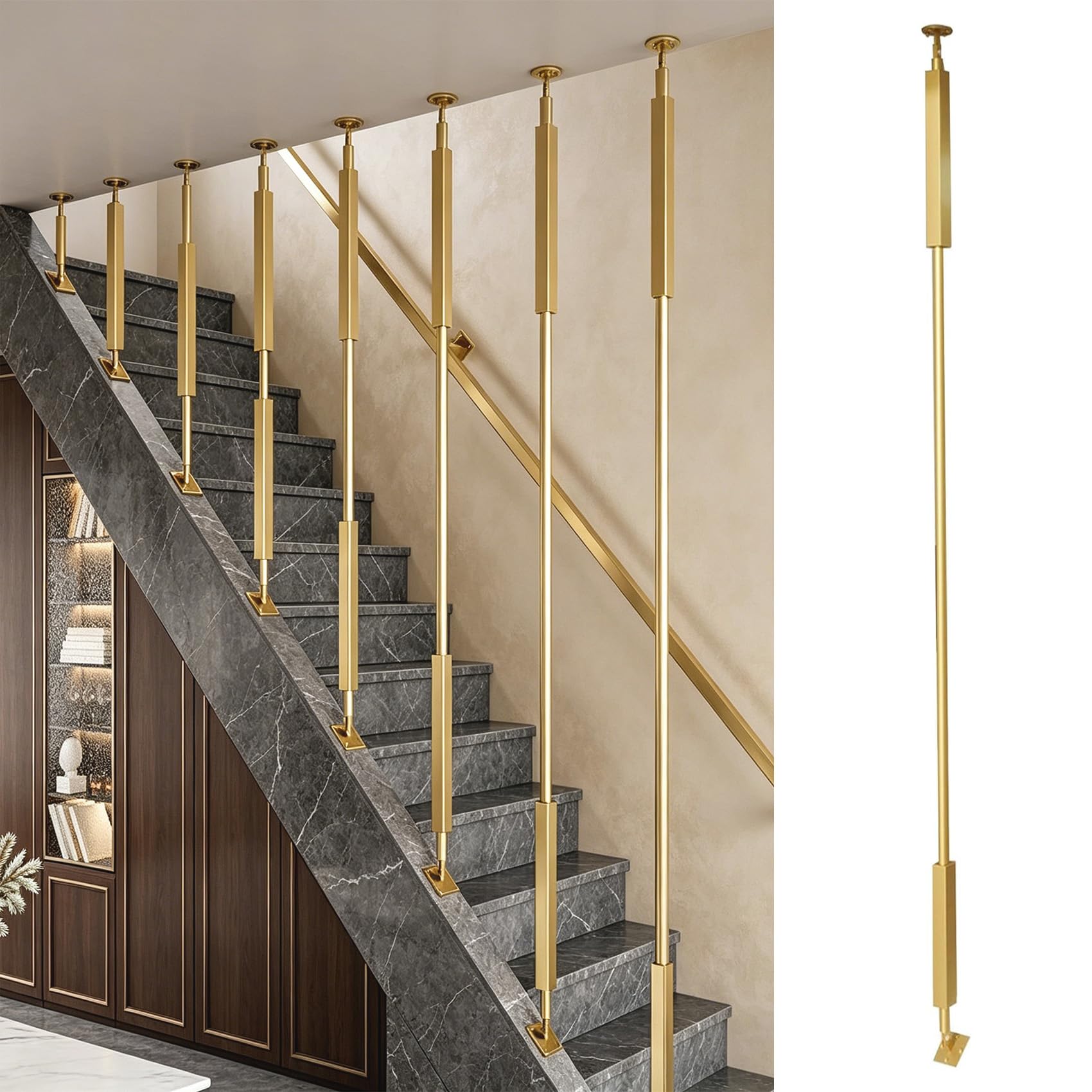 Adjustable Square Stair Baluster Posts Step to Ceiling Mount Balustrade Post Modern Stair Fence Barrier Columns Customizable Height Wrought Iron Railing Spindle for Baby & Pet Safety