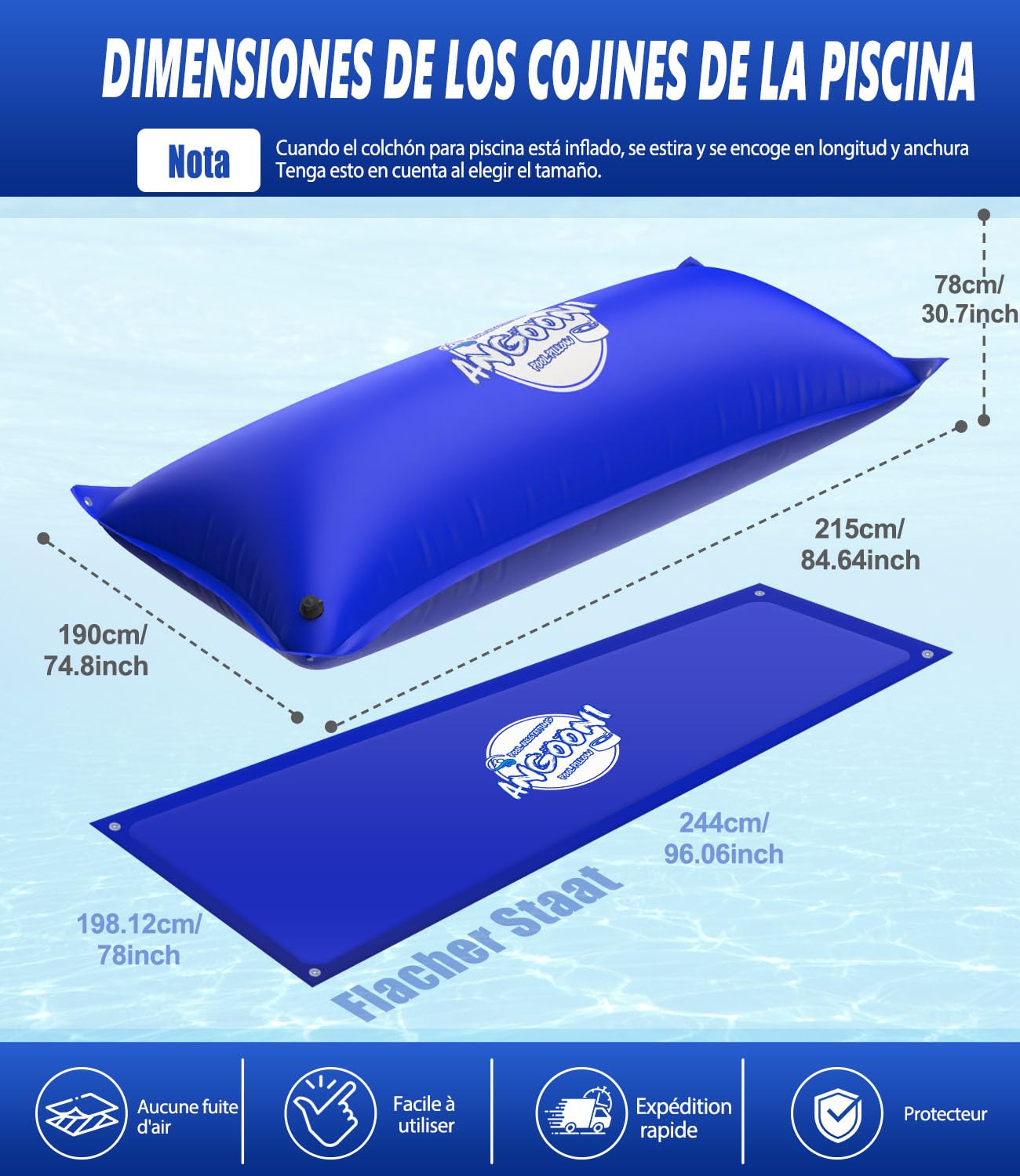 Angooni Cojín de piscina de invierno XXL 200 x 240 cm | Cojín de aire para piscina con doble costura para cubierta de piscina | Cojín de piscina para el invierno | con válvula Boston de doble