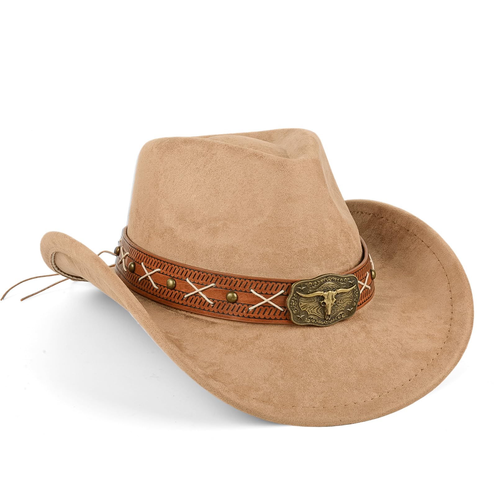 Cappello da cowboy per uomo e donna, con testa in metallo e effetto pelle scamosciata, poliestere traspirante