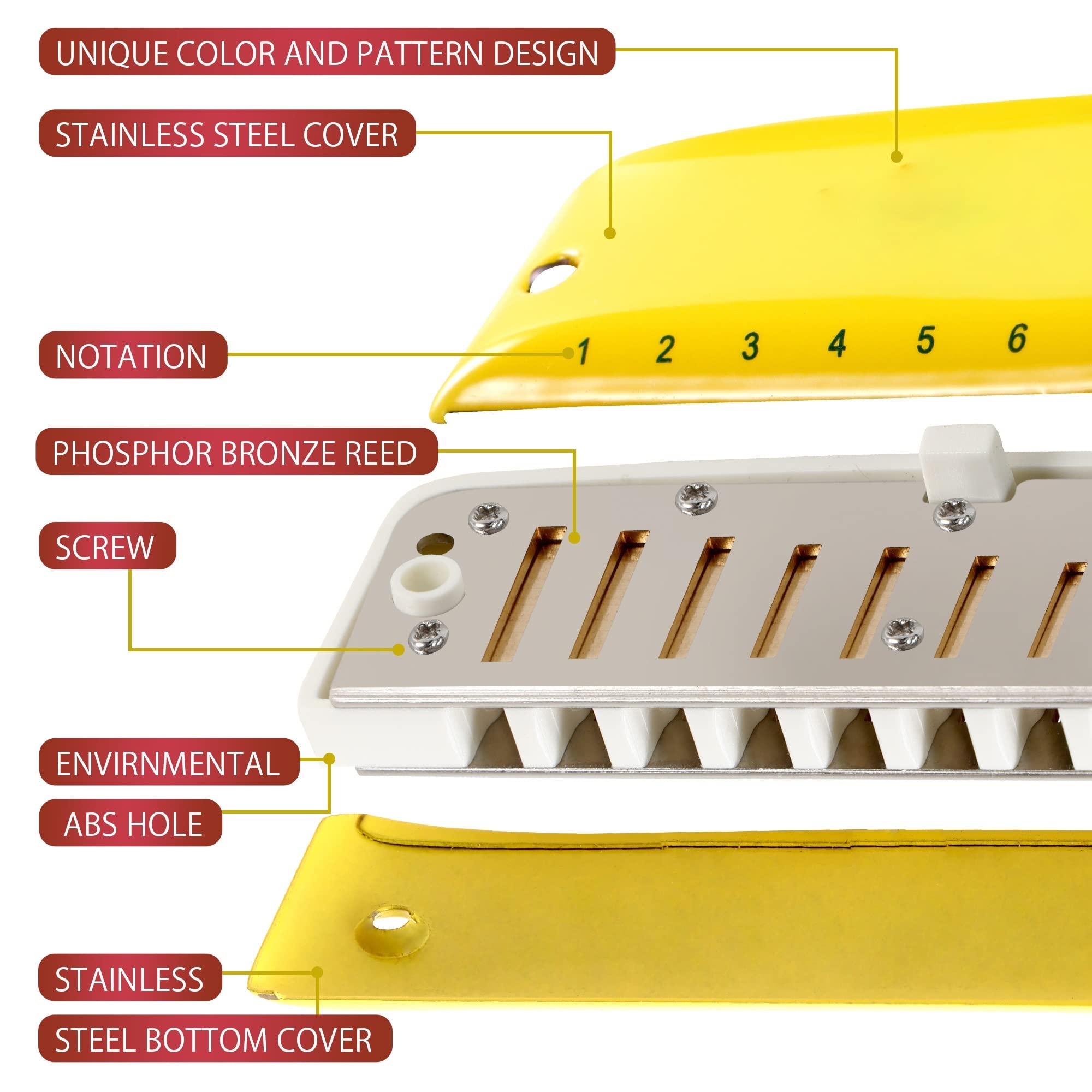 Copertine Gialle per Armonica A 10 Fori con Scatola per Gli Amanti della Musica per Studenti Principianti Armonica per Principianti (Color : B)