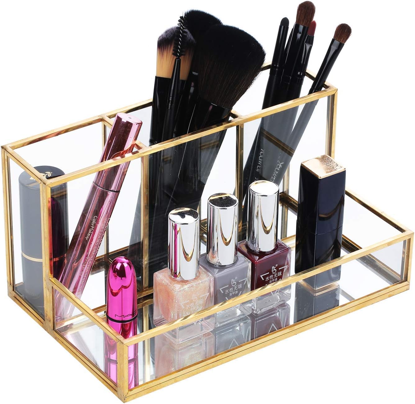 Ruhi Collections Metal and Clear Glass Cosmetic Organiser with 4 compartments and Beautiful Gold Plating Decorative Cosmetics Holder Beauty Display [Size - 8 x 5 x 4 inches]