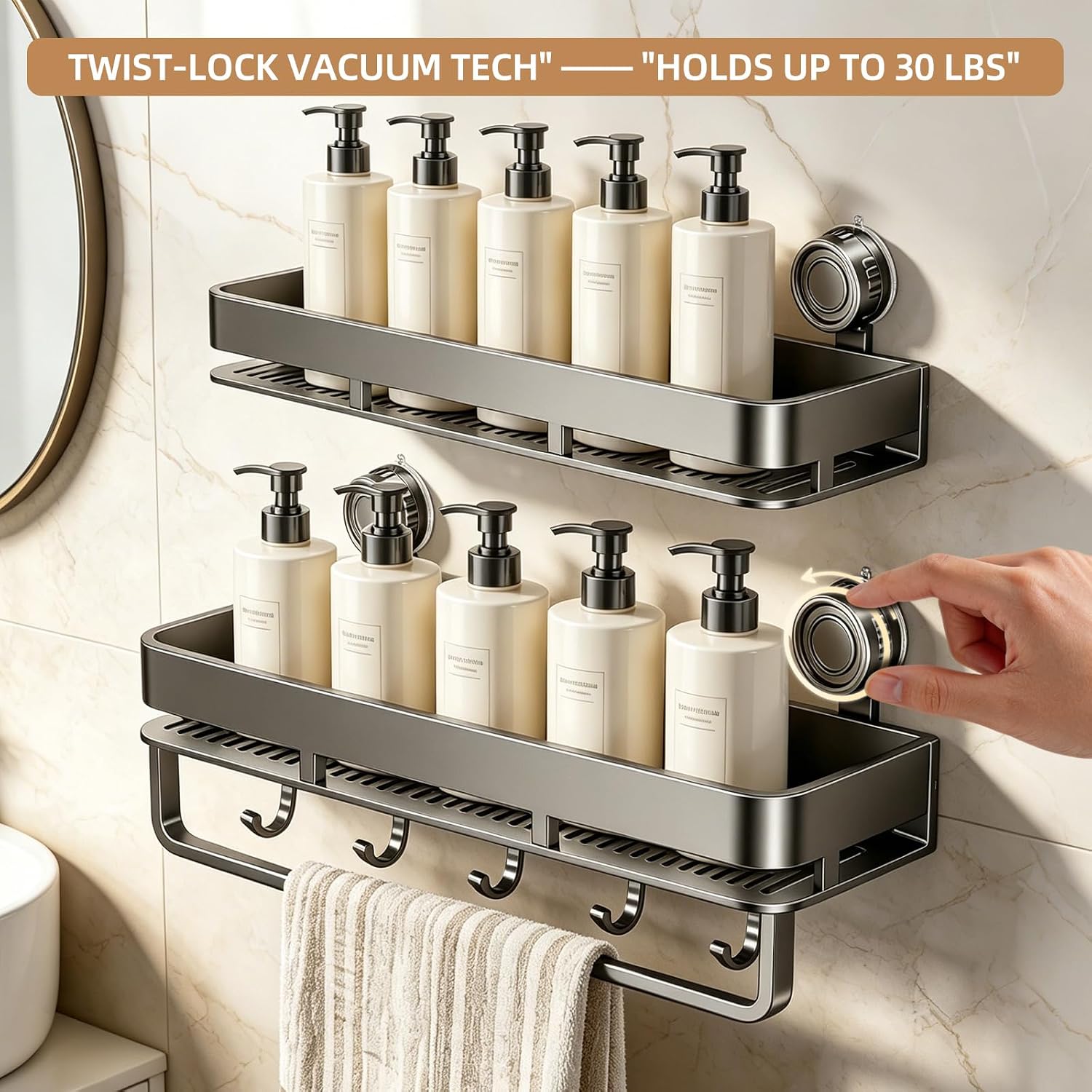 Suction Cup Shower Caddy, No Drilling Rectangular Shelf for Inside Shower, Heavy Duty Carbon Steel Bathroom Organizer Storage Rack with Towel Bar & Hooks, Rust-Resistant (Grey,2-Pack)