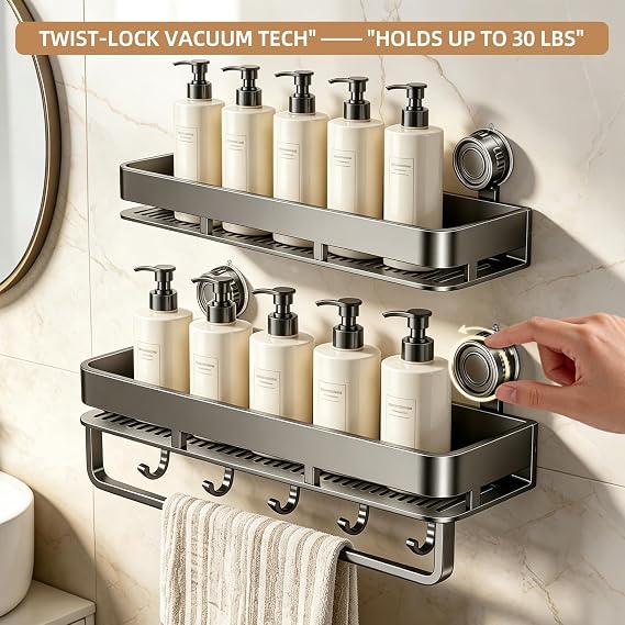 Suction Cup Shower Caddy,No Drilling, Rectangular, Grey,2-Pack