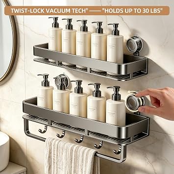 Suction Cup Shower Caddy,No Drilling, Rectangular, Grey,2-Pack