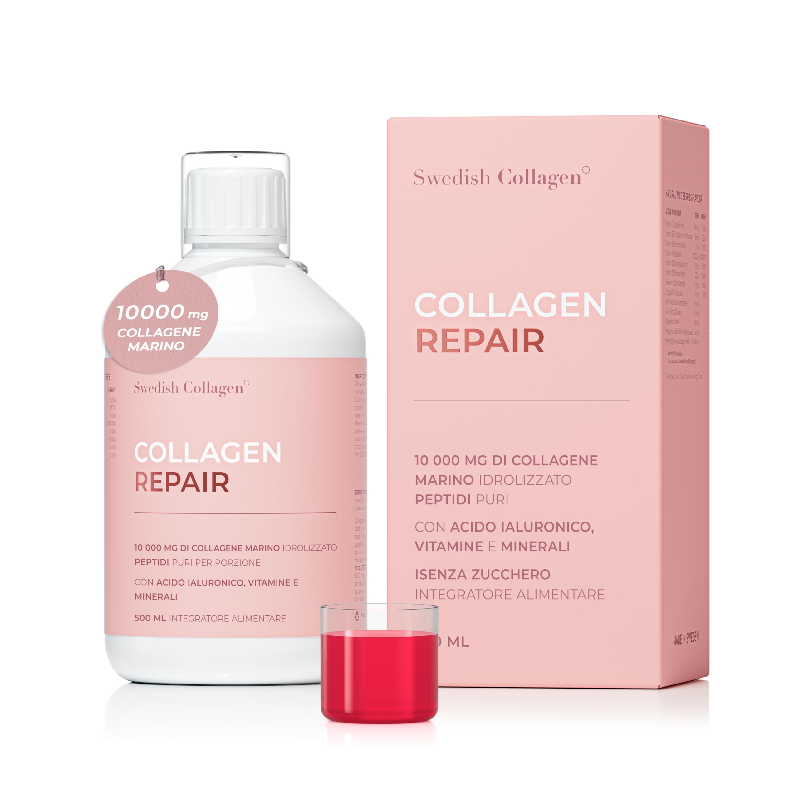 Swedish Collagen Reapir Integratore liquido collagene marino 10.000 mg - 500 ml, 20 giorni | Peptidi puri e vitamine per capelli, pelle, unghie, articolazioni | Senza zucchero | Clinicamente testato