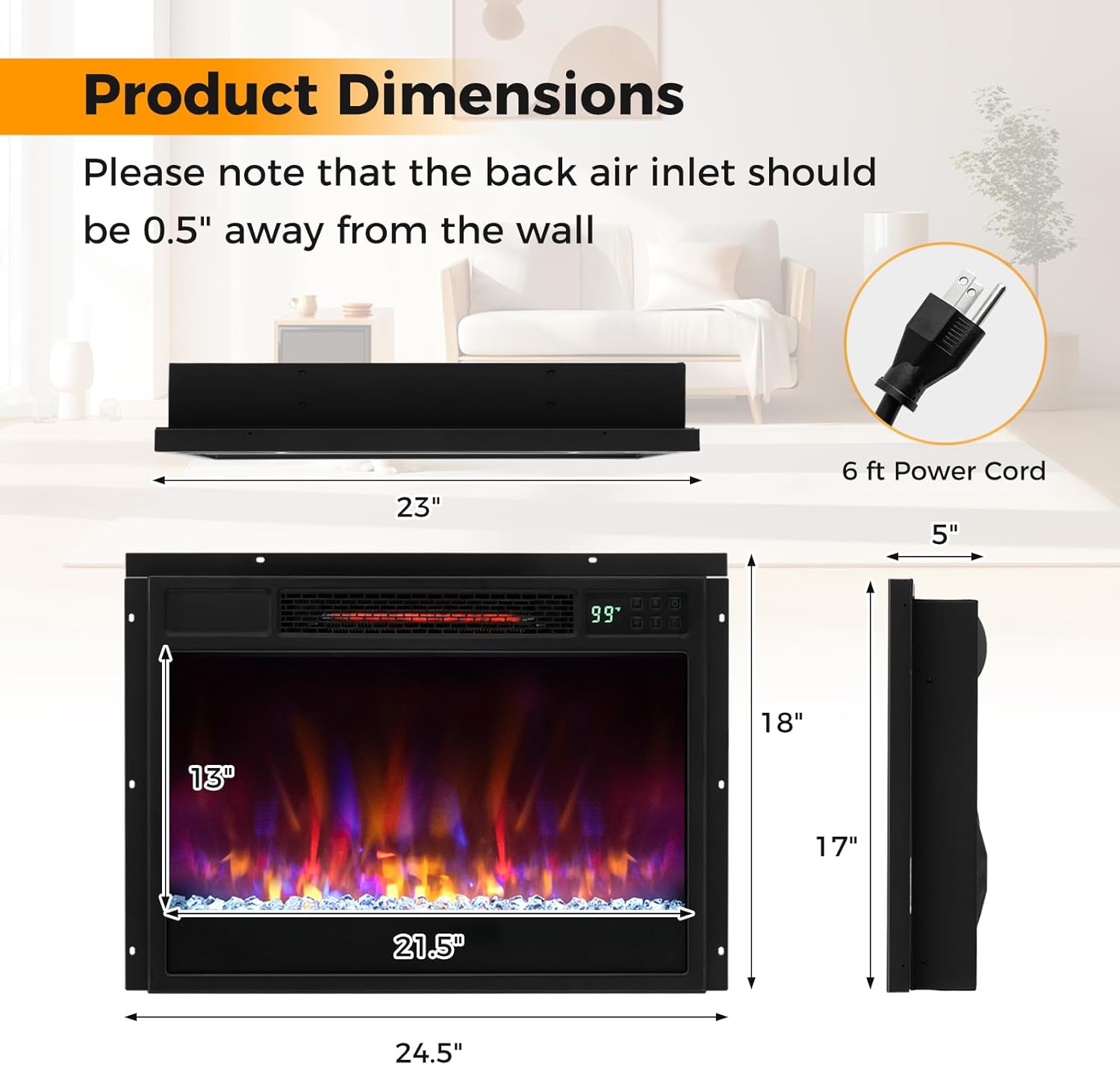 ORALNER 23” Electric Fireplace Inserts, Recessed Fireplace Insert with 6 Flame Colors, 5 Brightness, Remote Control, 8H Timer, Thermostat, Crystal, Infrared Heater for Indoor, 1500W (Black)