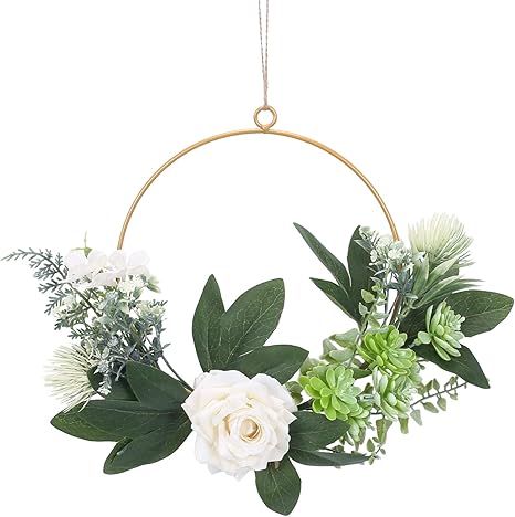 Amazon Com Ho2nle 人造綠葉花圈牡丹農舍花卉環狀花圈人造多肉植物婚禮春季花圈適用於前門懸掛牆壁窗戶派對裝飾 居家與廚房