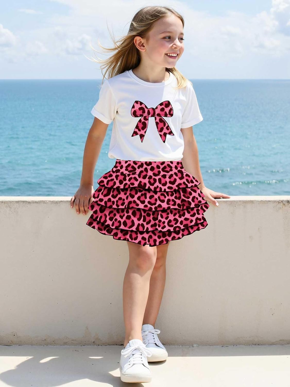 Summer Outfits for Girl 2 Piece, Bow Graphic Tees and Leopard Short Skirt Fashion Casual Clothing image 2