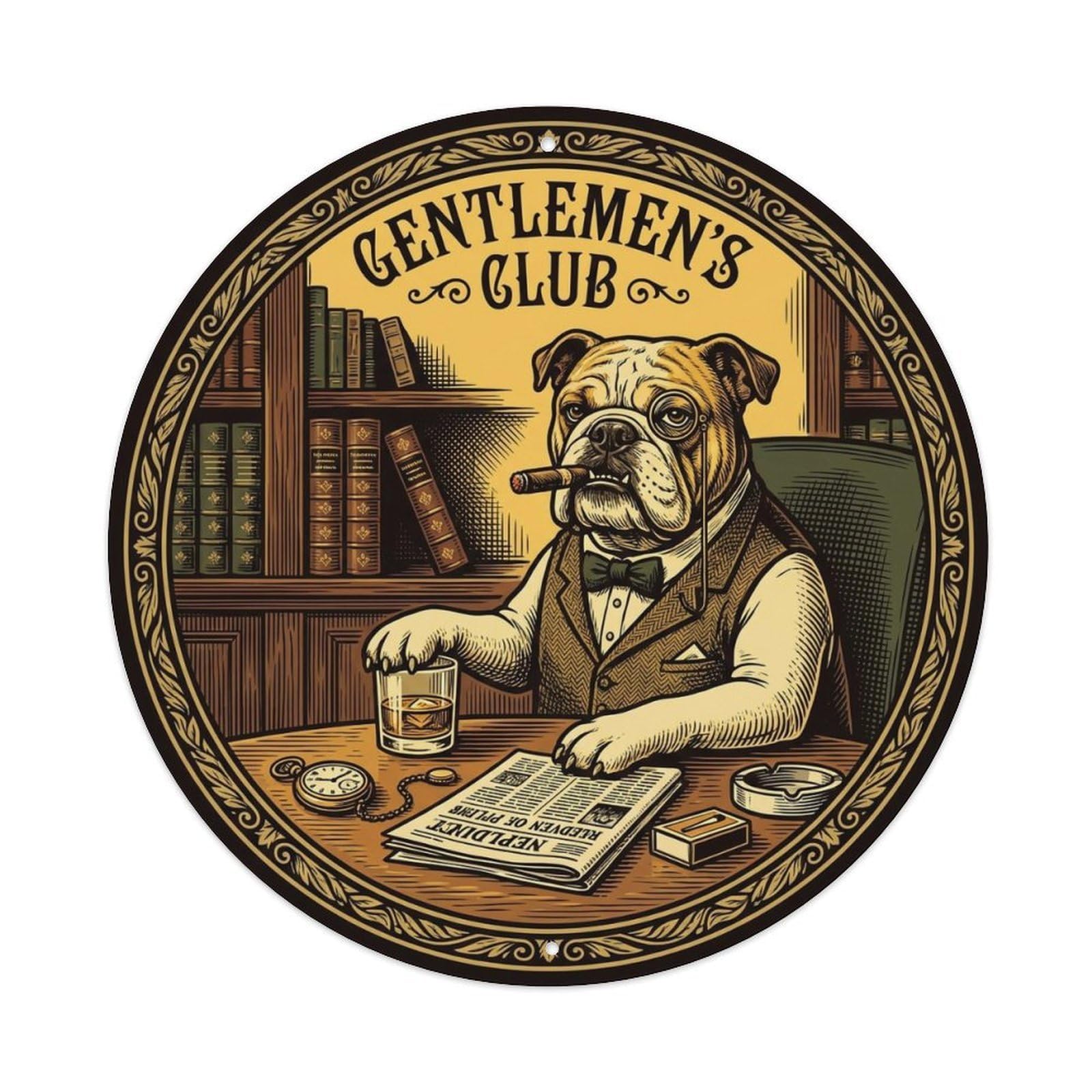 Gentleman Dog Cigar Retro Round Decor 2 Metal Tin Sign