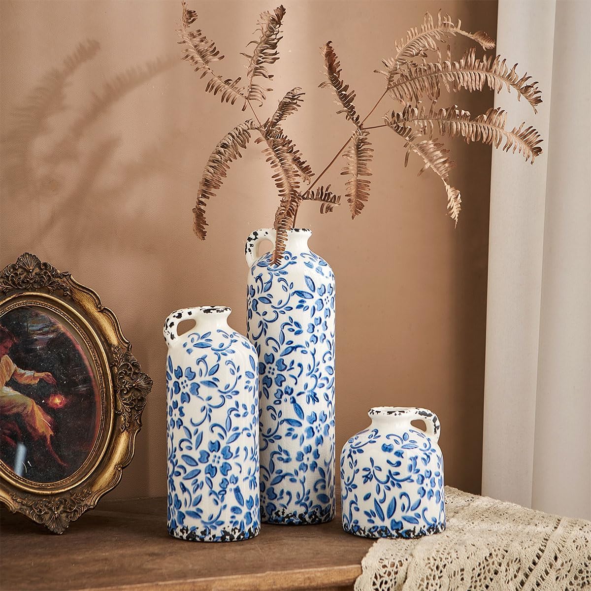 Ceramic Vase Set of 3, Vintage Blue and White Vase, Chinoiserie Floral Vases, Rustic Farmhouse Ceramic Vases for Home Decor, Blue Vase for Living Room, Kitchen Island, Bookshelf, Chinoiserie Decors