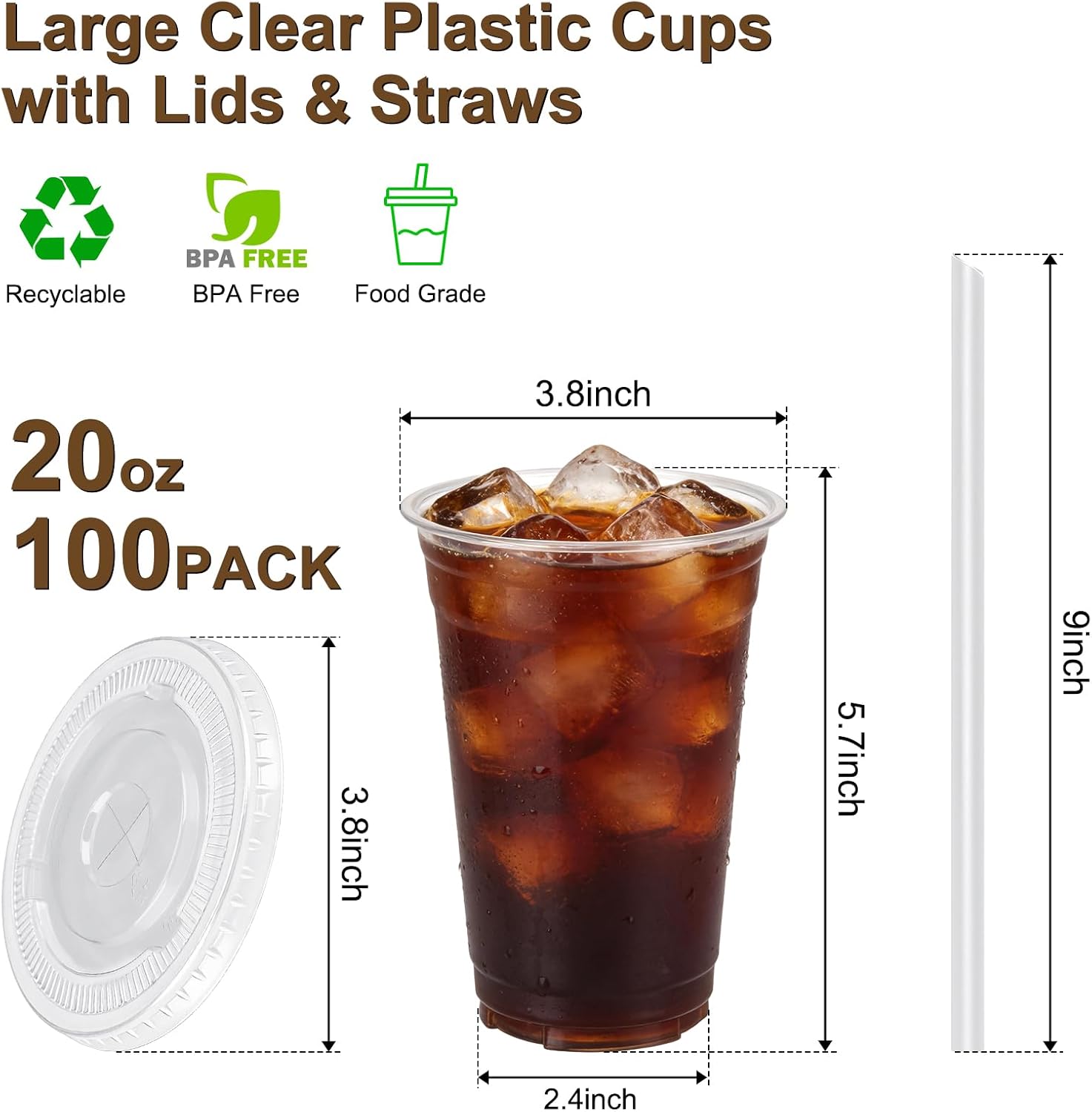 100 Pack 20oz Clear Plastic Cups with Lids and Straws, Large Leak-Proof Disposable Cups for Iced Coffee, Smoothies & Bubble Tea – BPA-Free Recyclable PET To-Go Cups