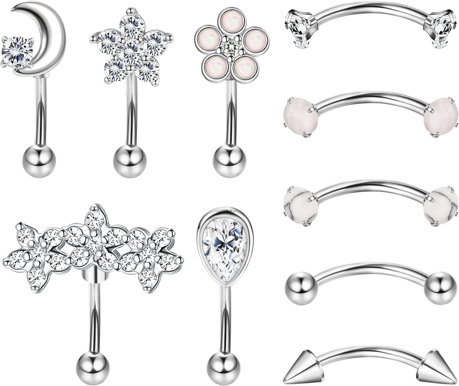 MILACOLATO 10PCS 16G Tragus Piercing Jewelry Rook Eyebrow Piercing Jewelry Surgical Steel Barbell Eyebrow Belly Rings Curved Lip Daith Tragus Rook Earrings for Women