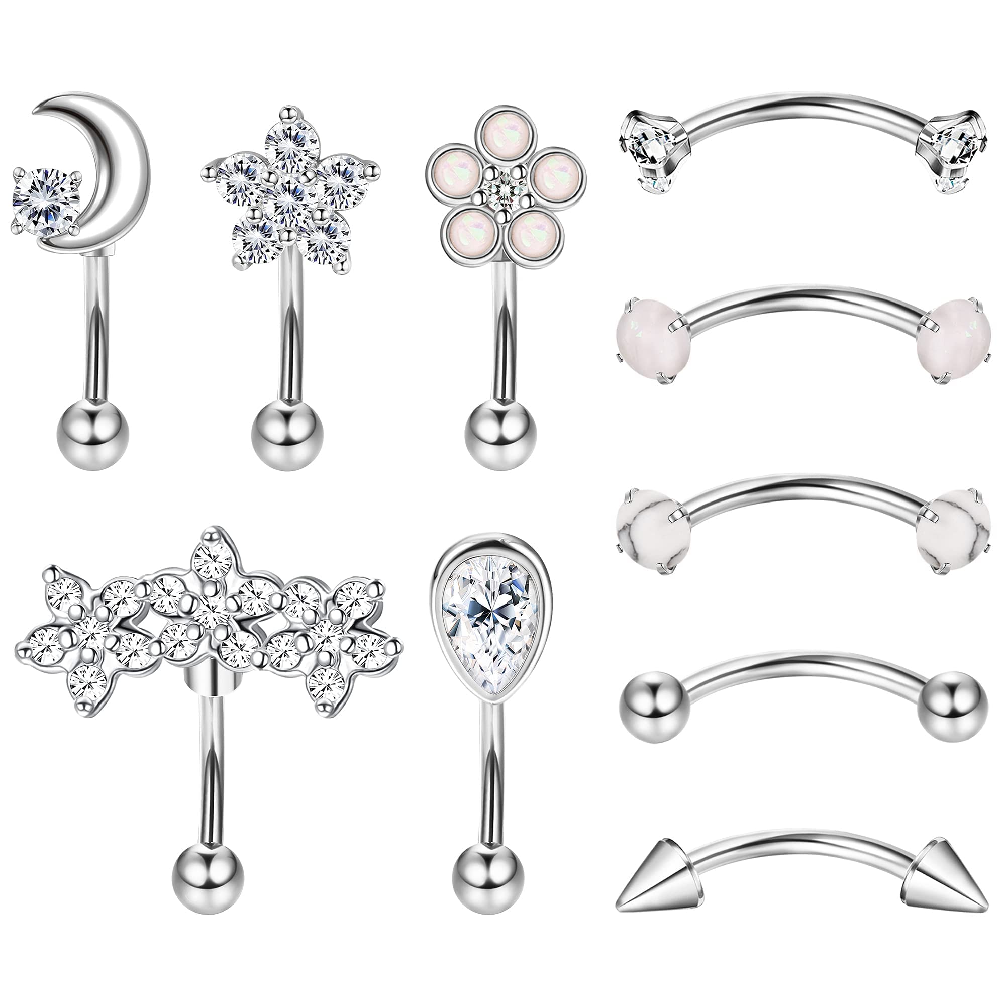 MILACOLATO 10PCS 16G Tragus Piercing Jewelry Rook Eyebrow Piercing Jewelry Surgical Steel Barbell Eyebrow Belly Rings Curved Lip Daith Tragus Rook Earrings for Women