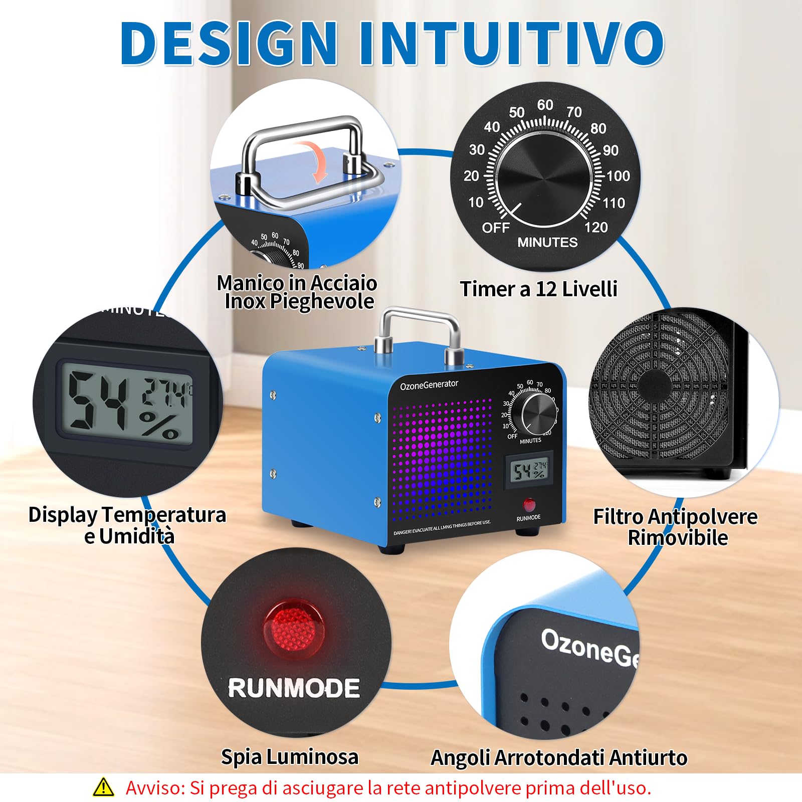 Charmofun Generatore di Ozono Professionale 60000mg/h, Ozonizzatore Industriale per 300㎡, Macchina Ozono Alta Capacità O3, Generatore Ozono per Odori di Casa Auto Fumo Animali (Blu)