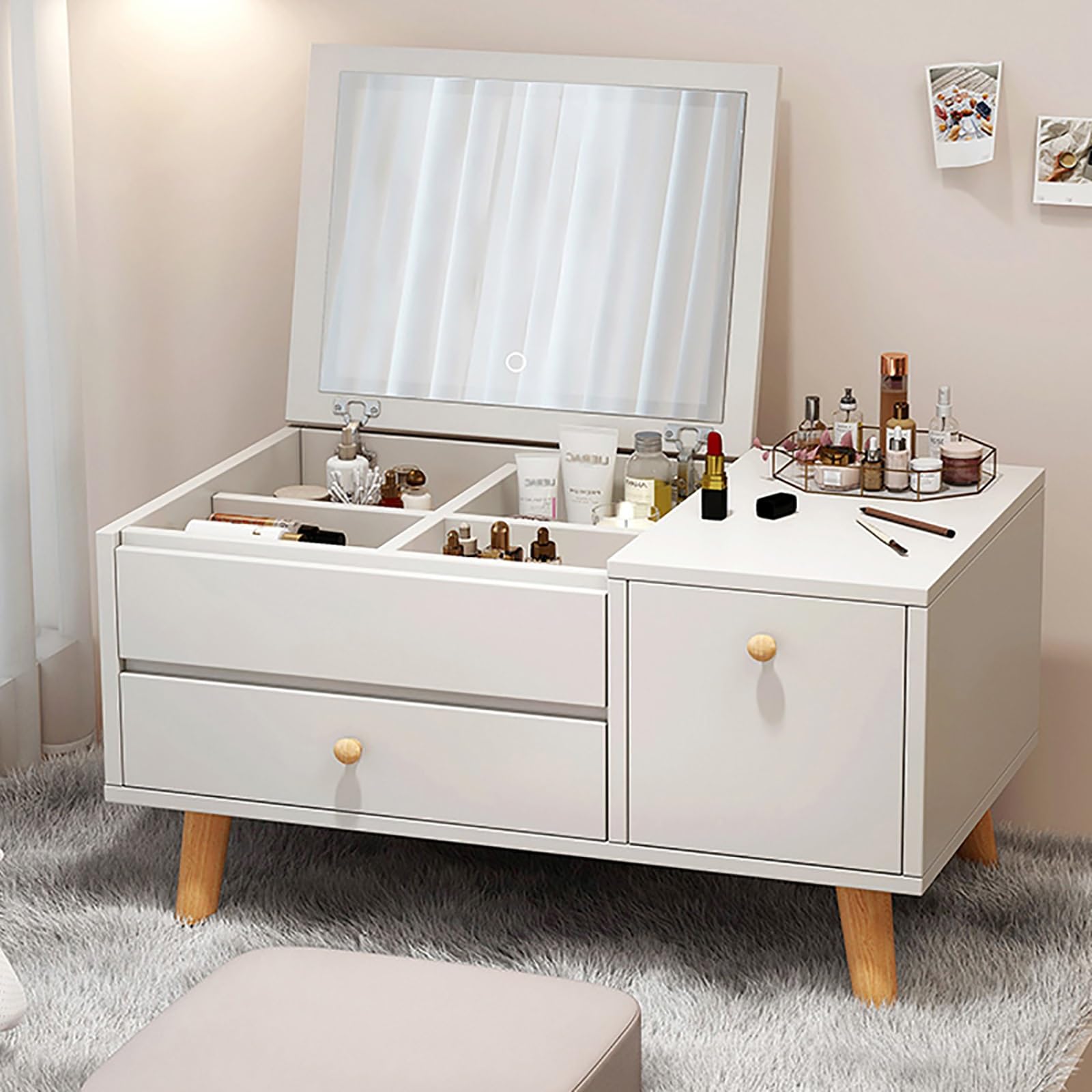 CGCSYZ Chic White Vanity Table with Window, Makeup Desk with Drawers & Cushioned Stool, HD Mirror Dressing Table for Bedroom, Stylish Makeup Station (Wei?)