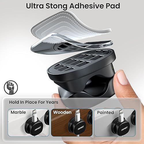 Miniatura 3 de Paquete de 6 clips adhesivos para cables con resorte negro para mesita de noche, escritorio, pared, automóvil o mesita de noche, organizador de