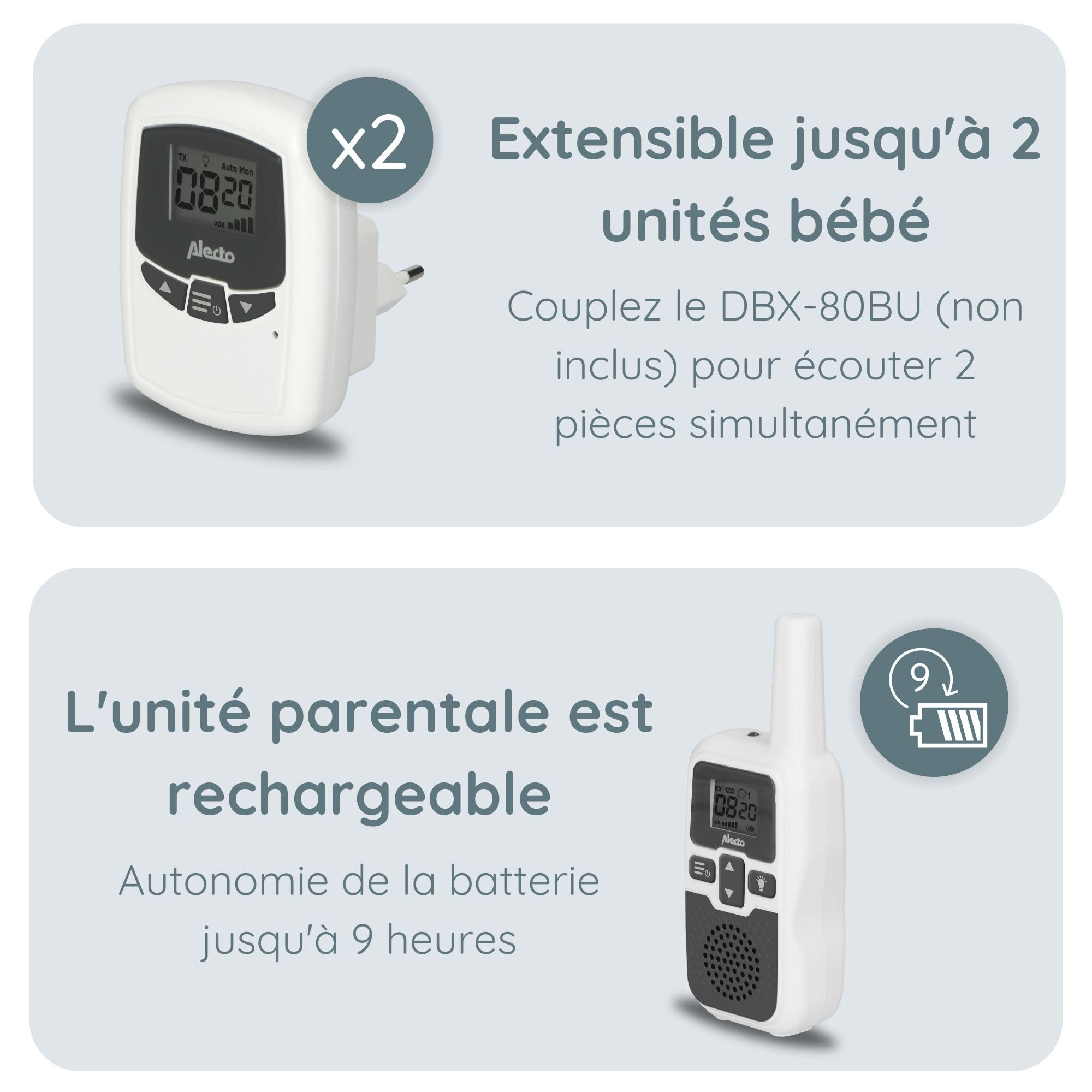 Alecto bébé DBX80 Babyphone Audio, Babyphone Longue Portée, sans Fil - Portée jusqu'à 3000 mètres - Longue autonomie en Veille (jusqu'à 9 Heures) - VOX - Sensibilité réglable - Extensible - Blanc