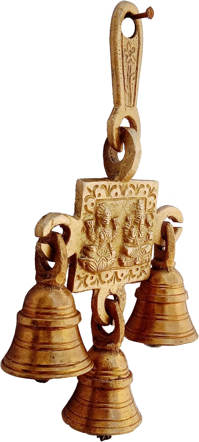 Purpledip Brass Wall Door Hanging with Bells: Lakshmi Ganesha (12419)
