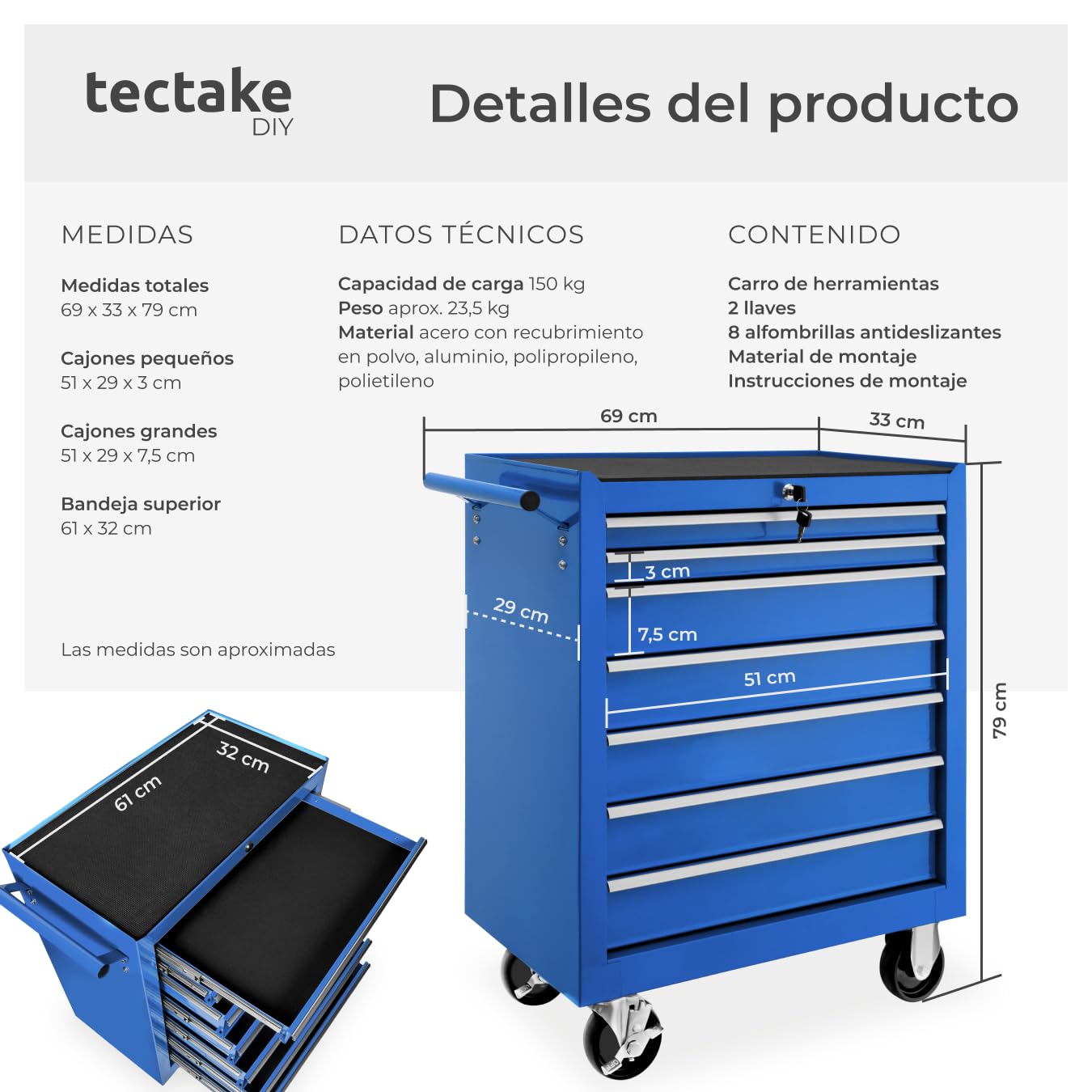 tectake ® Carrito Auxiliar con Ruedas, 7 Cajones, Revestido en Polvo, Organizador de Herramientas, Caja de Herramientas Vacía, Armario Metálico, Carro Taller, Ruedas con Freno - Azul