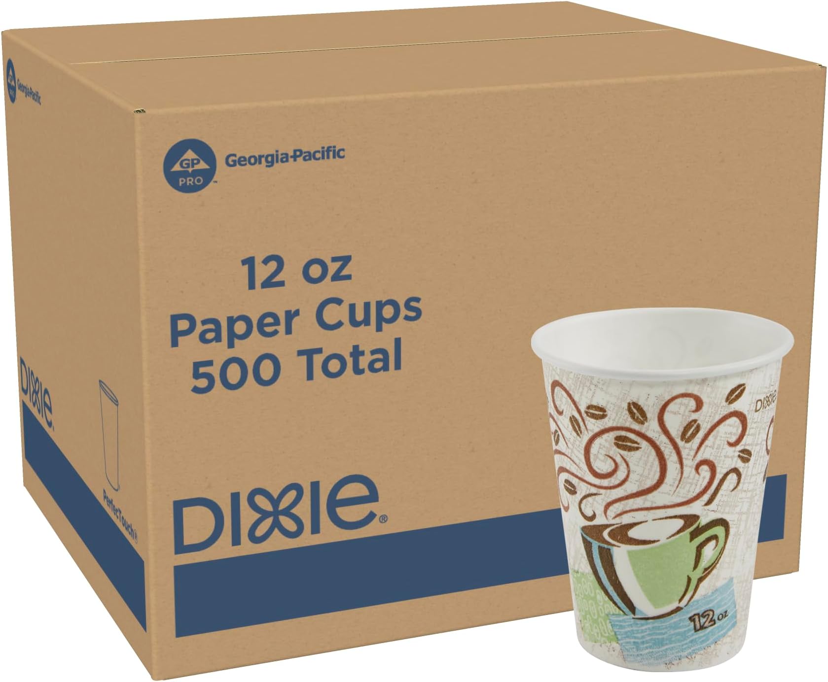 Dixie PerfecTouch 12 oz Paper Coffee Cups by GP PRO, Coffee Haze Design, 500 Count (25 Disposable Cups for each Sleeve, 20 Sleeves Per Case), 5342DX