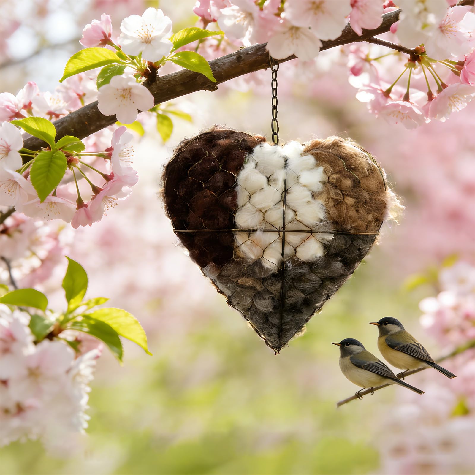 Fácil de colgar en forma de corazón, protección para pájaros, jardín, decoración de patio, hierro nido de pájaro, corazón, diseño recargable con fibras de algodón, nido salvaje de temporada, nido de