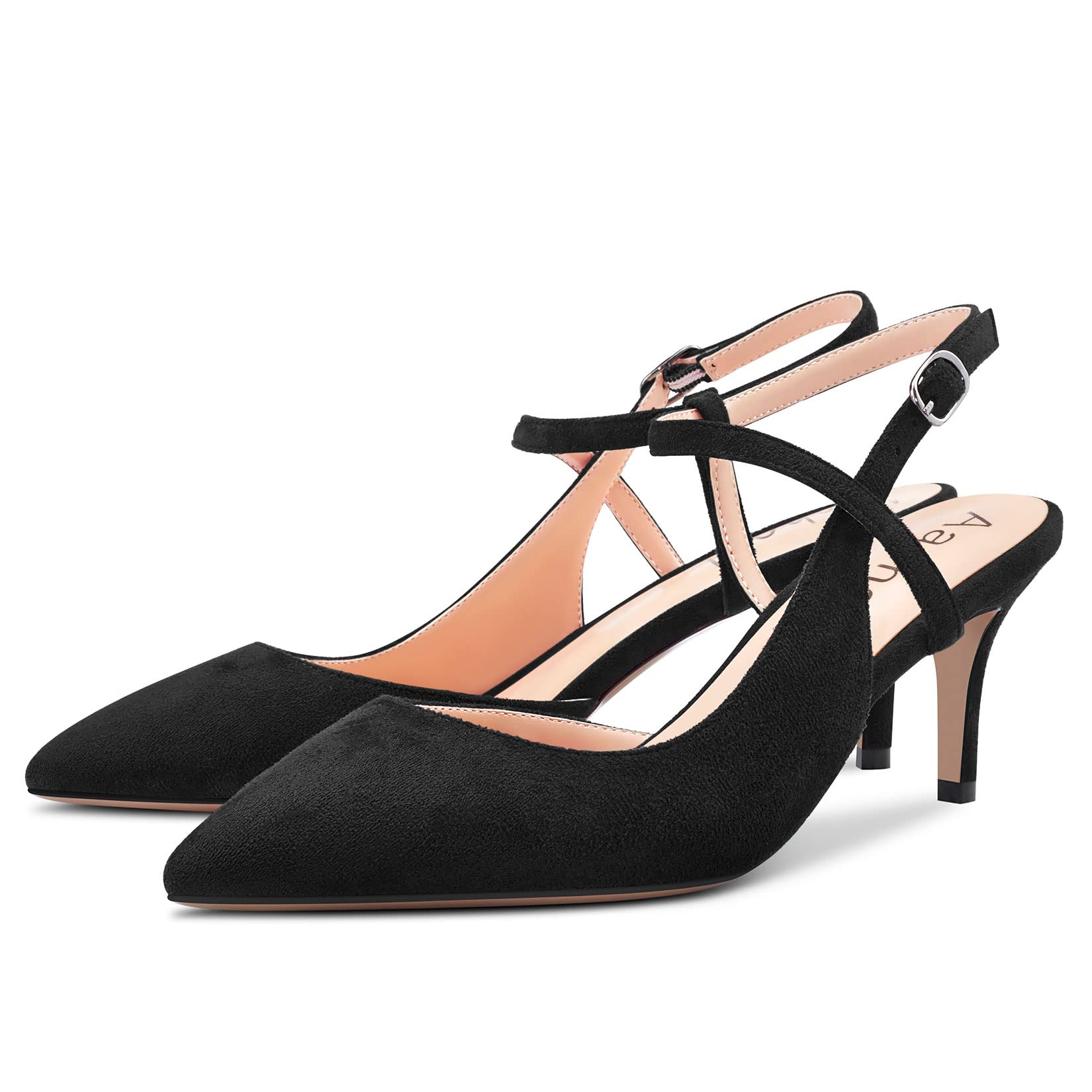 Aachcol Mujer Pumps Puntiaguada Punta Correa Tobillo Slingback Aguja Gatito Bajos Heel Dress Zapatos Sandalias Ante Oficina de Boda de Compras 6.5 CM