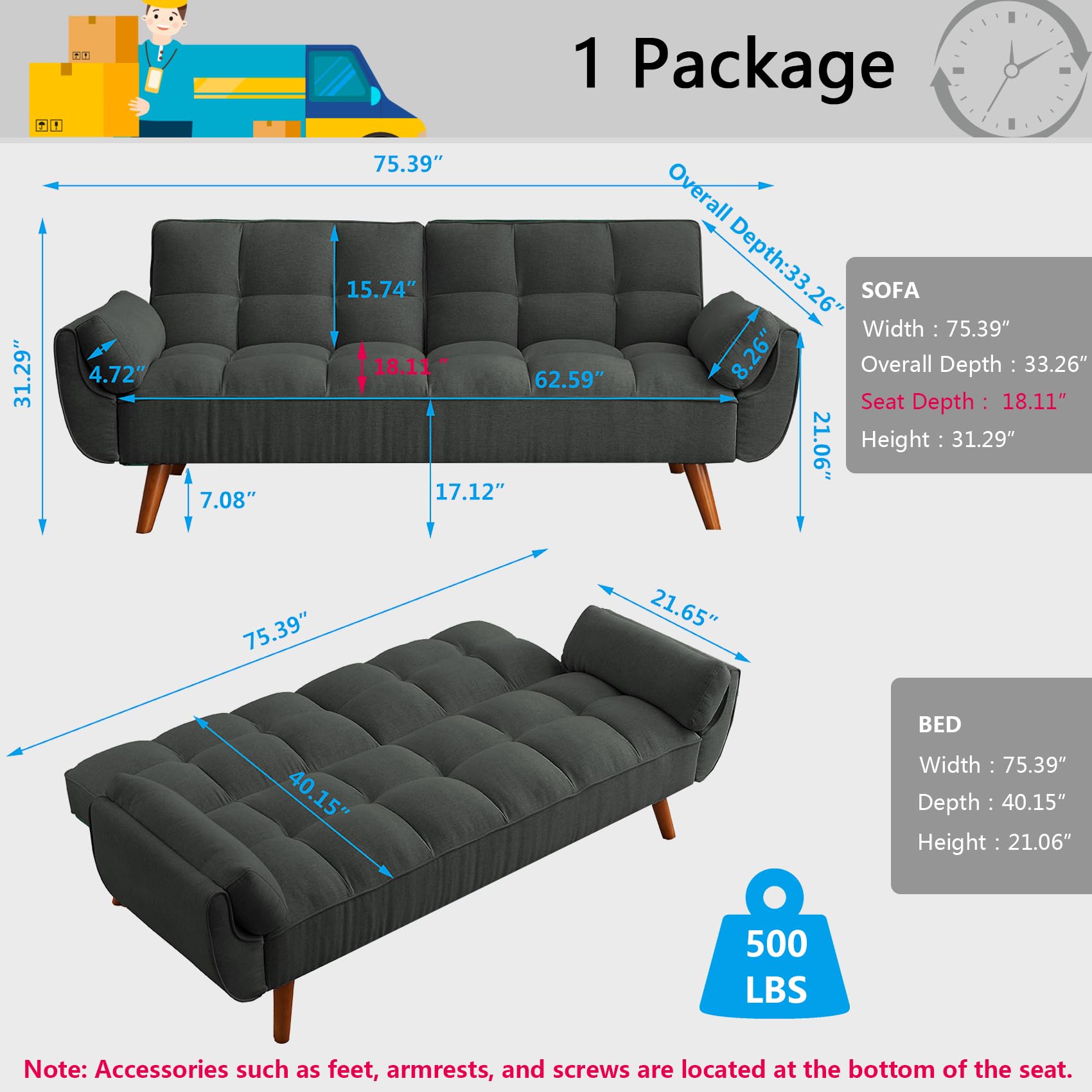 Futon Sofa Bed Modern Convertible Sleeper Sofa, 75” Linen Twin Size Futon Couch Comfy Recliner Sofa Couch with Adjustable Split Backrest for Living Room Small Spaces, Dark Grey
