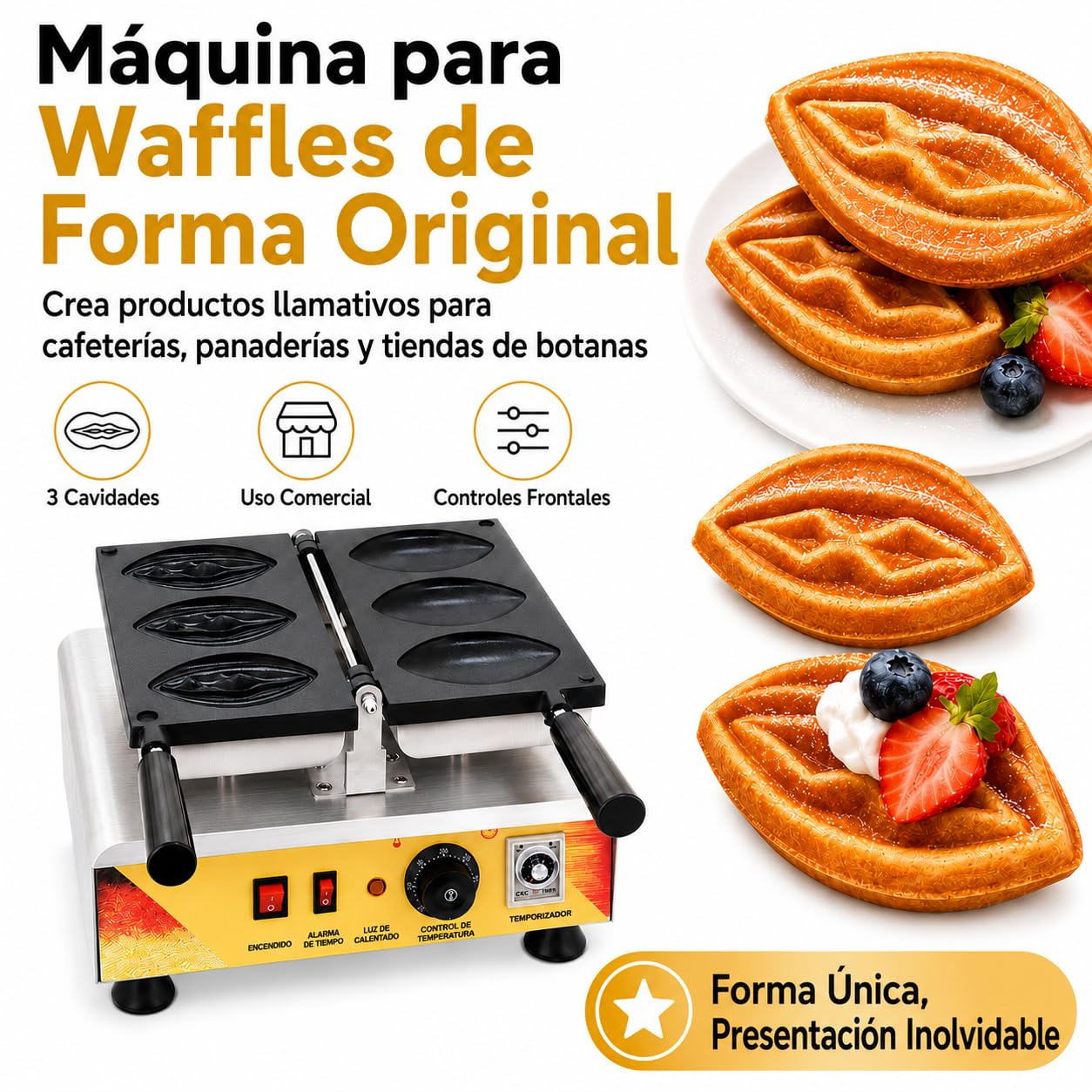 Gofrera Profesional 3 Moldes Diseño Creativo 1,56 kW | Control de temperatura regulable，Temporizador integrado，Calentamiento uniforme，Panel frontal sencillo
