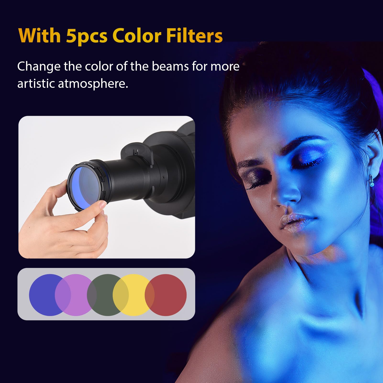 Andoer Snoot cónico óptico con soporte Bowens para fotografía, flash de proyector, snoot de modelado, accesorios de iluminación con 5 filtros de color, 10 tarjetas gráficas