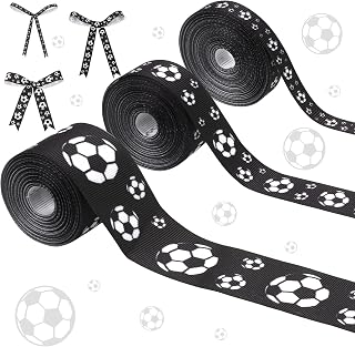 Serencatcher Black White Soccer Theme Ribbon Set, 3 Rolls (3/8, 7/8, 1.5 Inch Wide) 15 Total Yards Soccer Grosgrain Ribbons for Crafts Party Decor Gift Wrapping Bows Making Hair Clips for Sports Fans