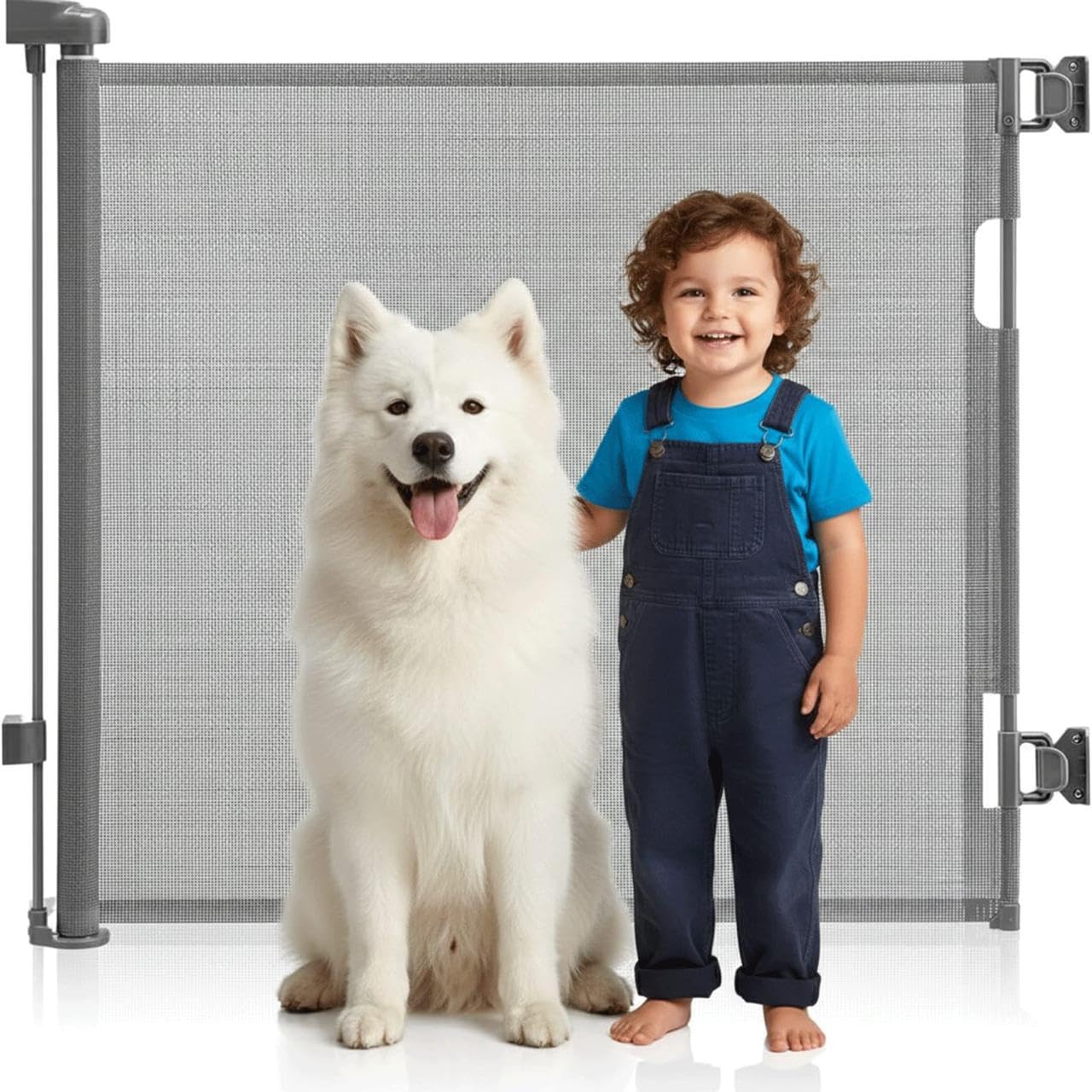 TRAYLIX Retractable Stair Gate for Baby & Dogs | 86cm Tall Extends to 150cm Wide | Mesh Baby Gate for Stairs, Doorways & Hallways | One-Hand Operation Indoor & Outdoor Child Safety Gate | Grey