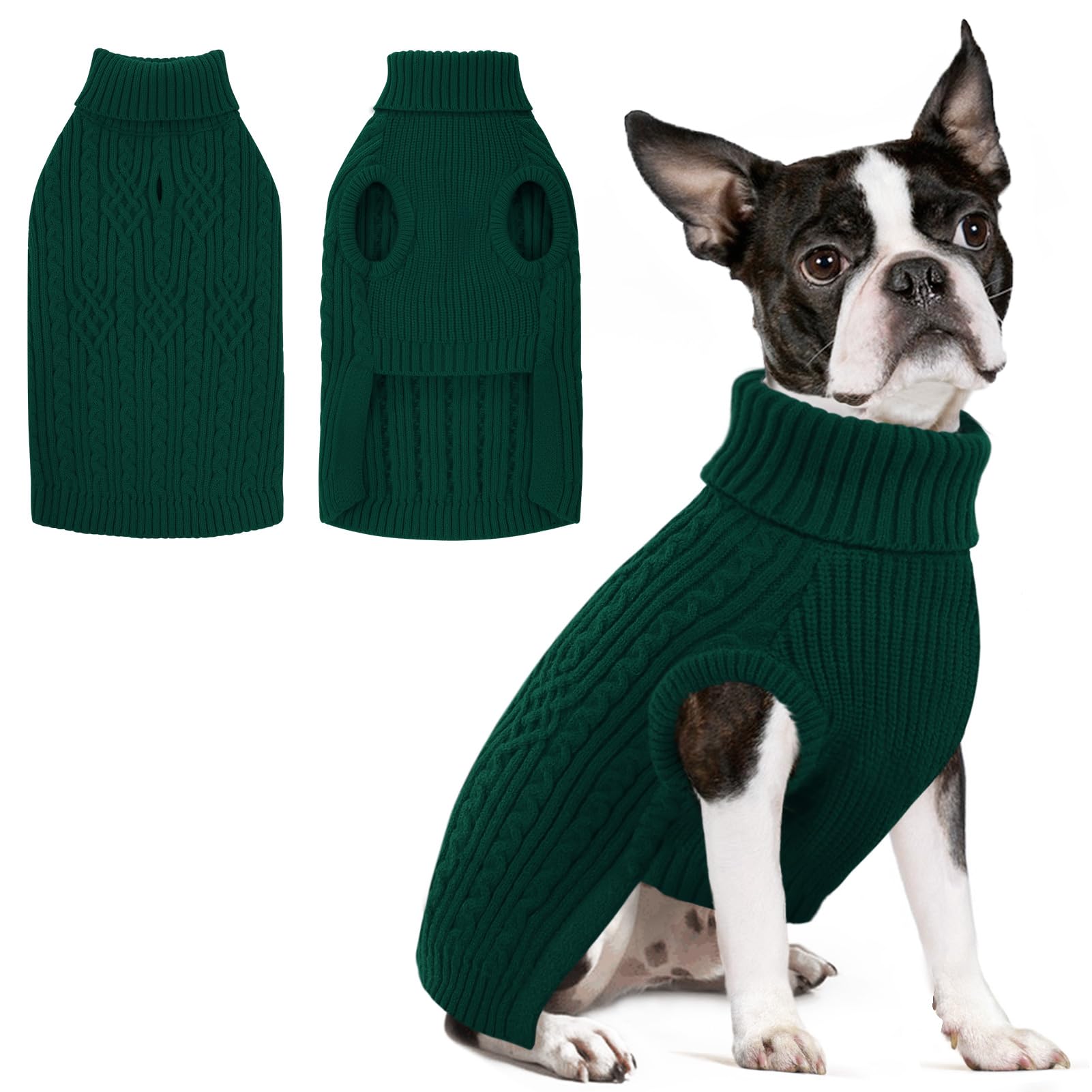 AOFITEE Large Dog Jumper, Soft Large Dog Christmas Jumpers, Warm Turtleneck Dogs Jumper with Harness Hole Pet Knitwear for Fall Winter, Stretchy Green Dog Knitted Jumpers for Cockapoo, Green L