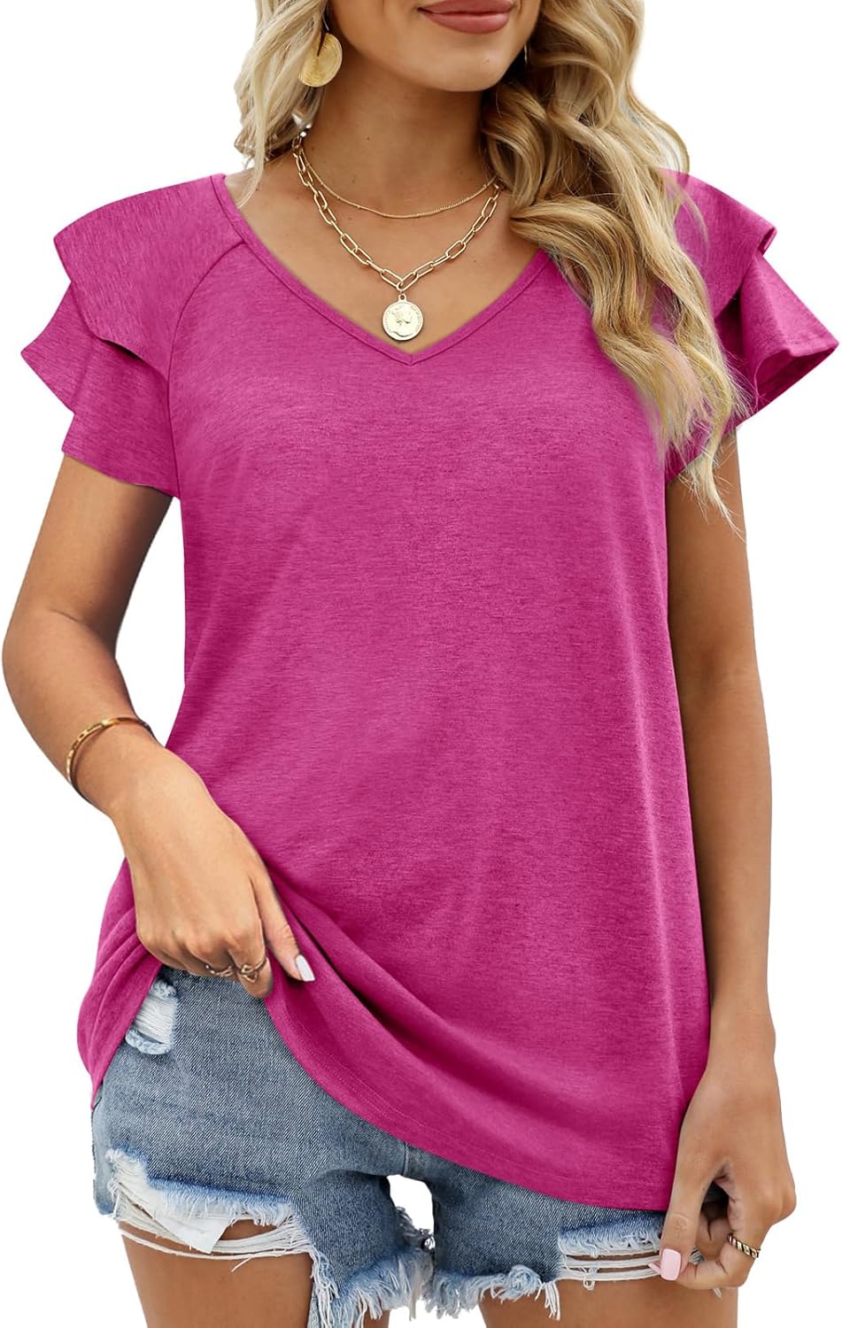 OFEEFAN Womens Summer Tops Ruffle Short Sleeve V Neck T-Shirts Casual Loose Fit - Image 3