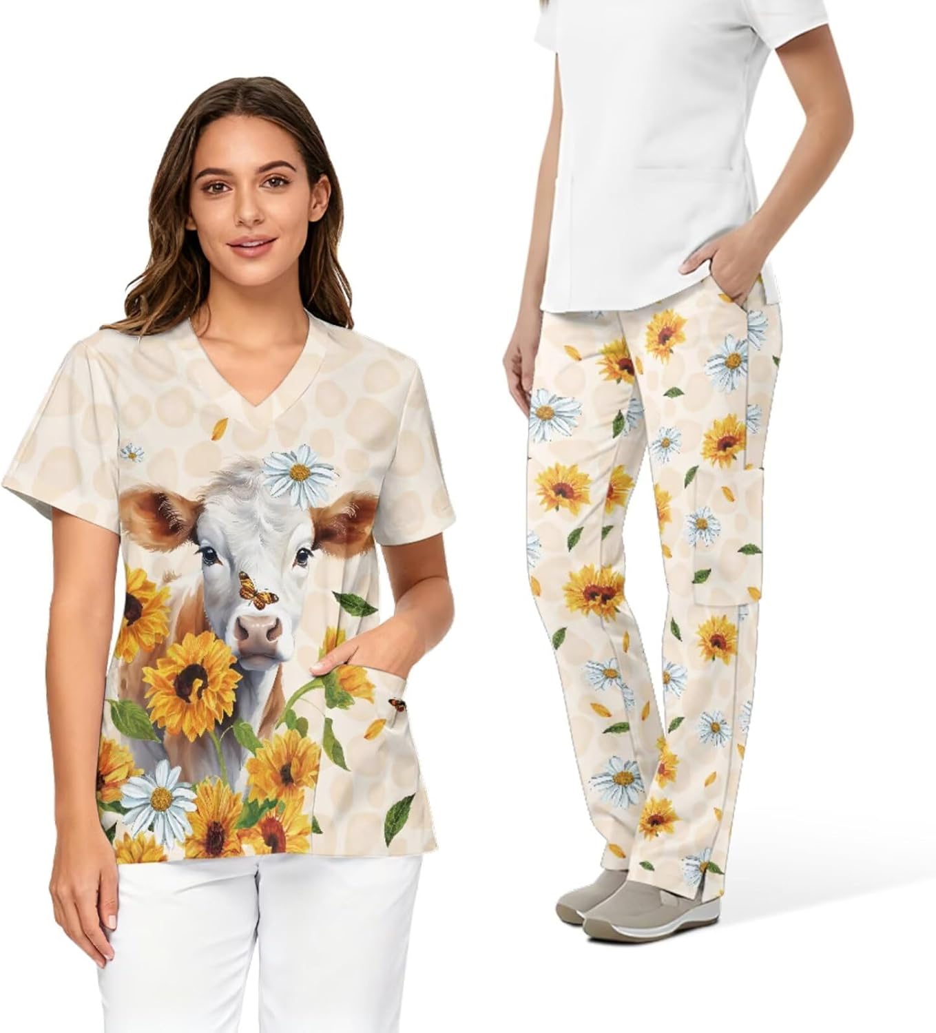 Scrubs 2 Piece for Women 2026 Short Sleeve V Neck Top Elastic Waist Pants Nurse Uniform Scrubs Set With Pockets