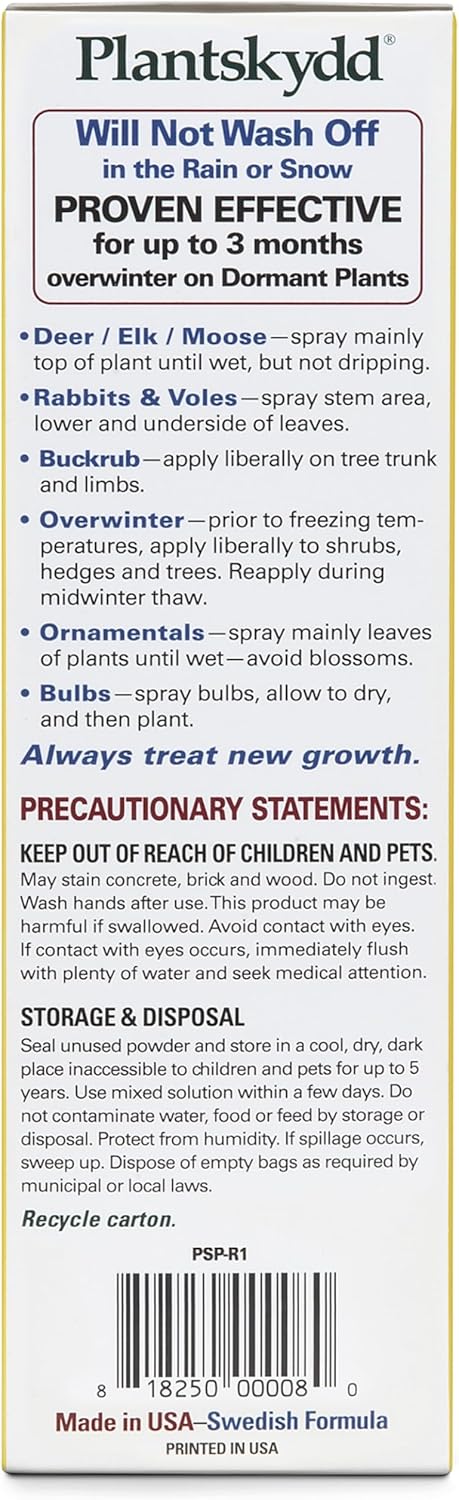 Plantskydd Animal Repellent - Repels Deer, Rabbits, Elk, Moose, Hares, Voles, Squirrels, Chipmunks and Other Herbivores; Wettable Powder Concentrate - 1 LB Box - Makes 1 Gallon Liquid (PSP-R1)