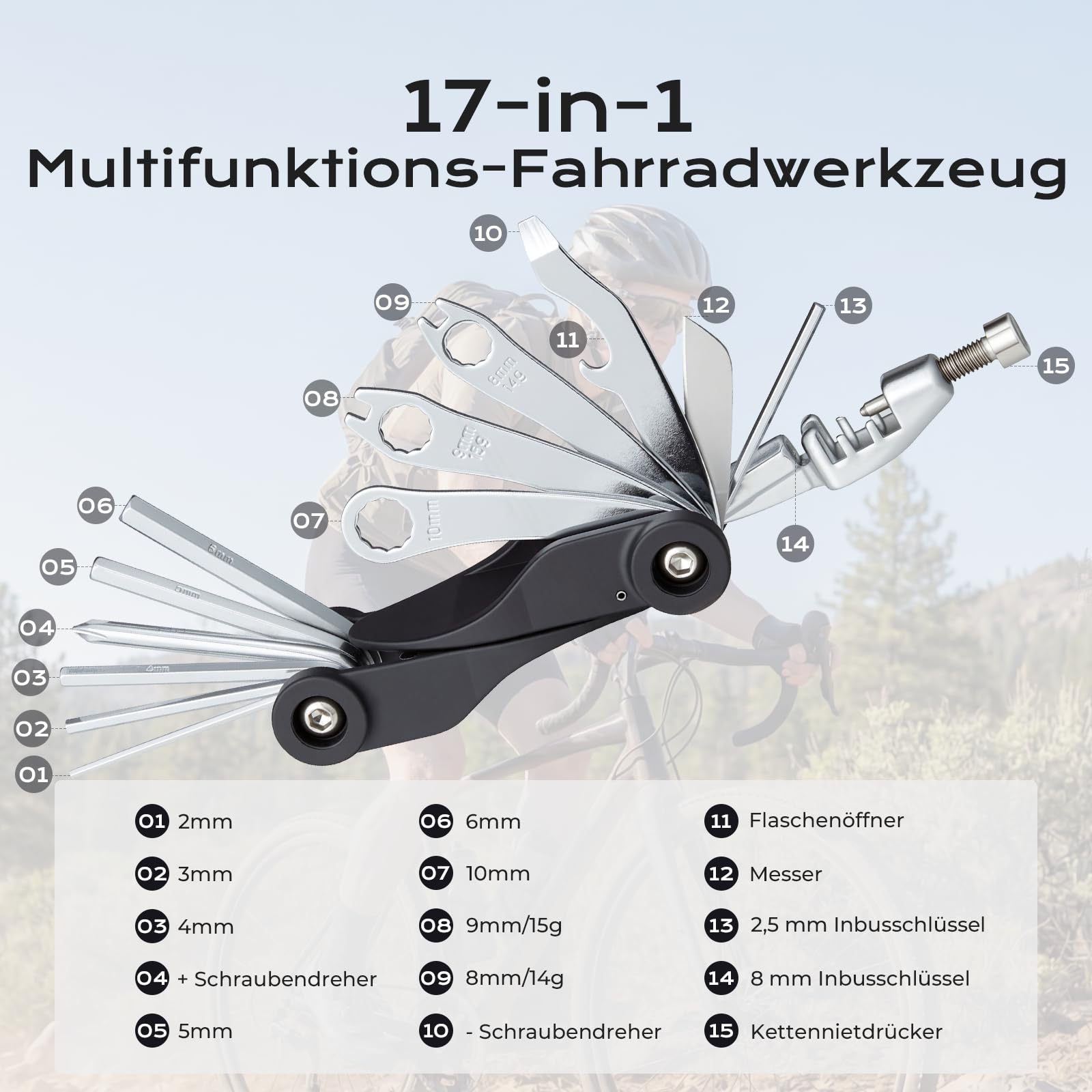 Fahrradflickzeug Set für unterwegs, 17 in 1 Fahrradwerkzeugset abziehbar, Fahrrad Reparaturset Multitool Satteltasche für Fahrrad Zubehör Ebike Kit Mountainbike Reparatursatz