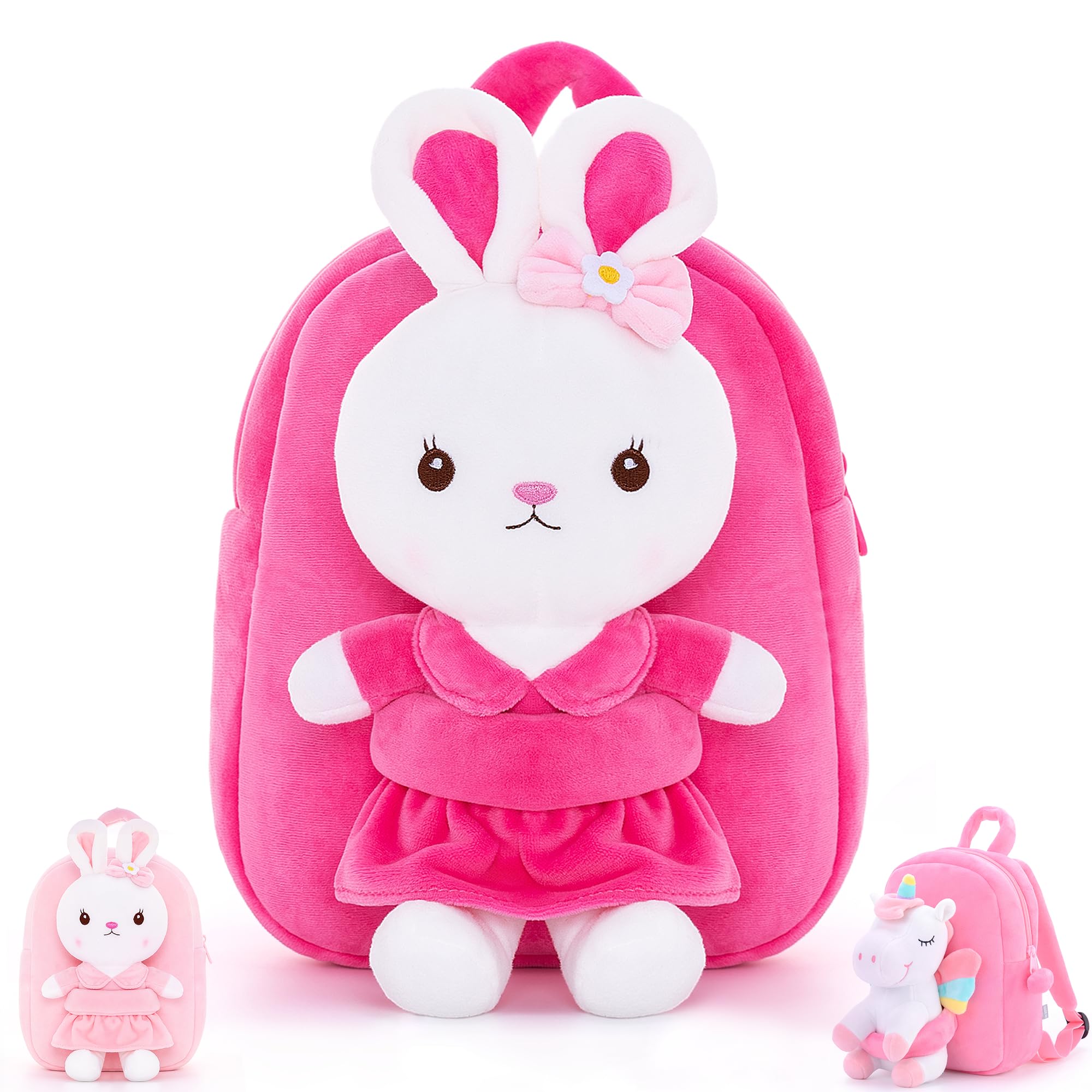 GloveleyaGloveleya Kids Backpack Girl Backpack Toddler Girl Backpacks with Stuffed Bunny Toy Rose Red 9''